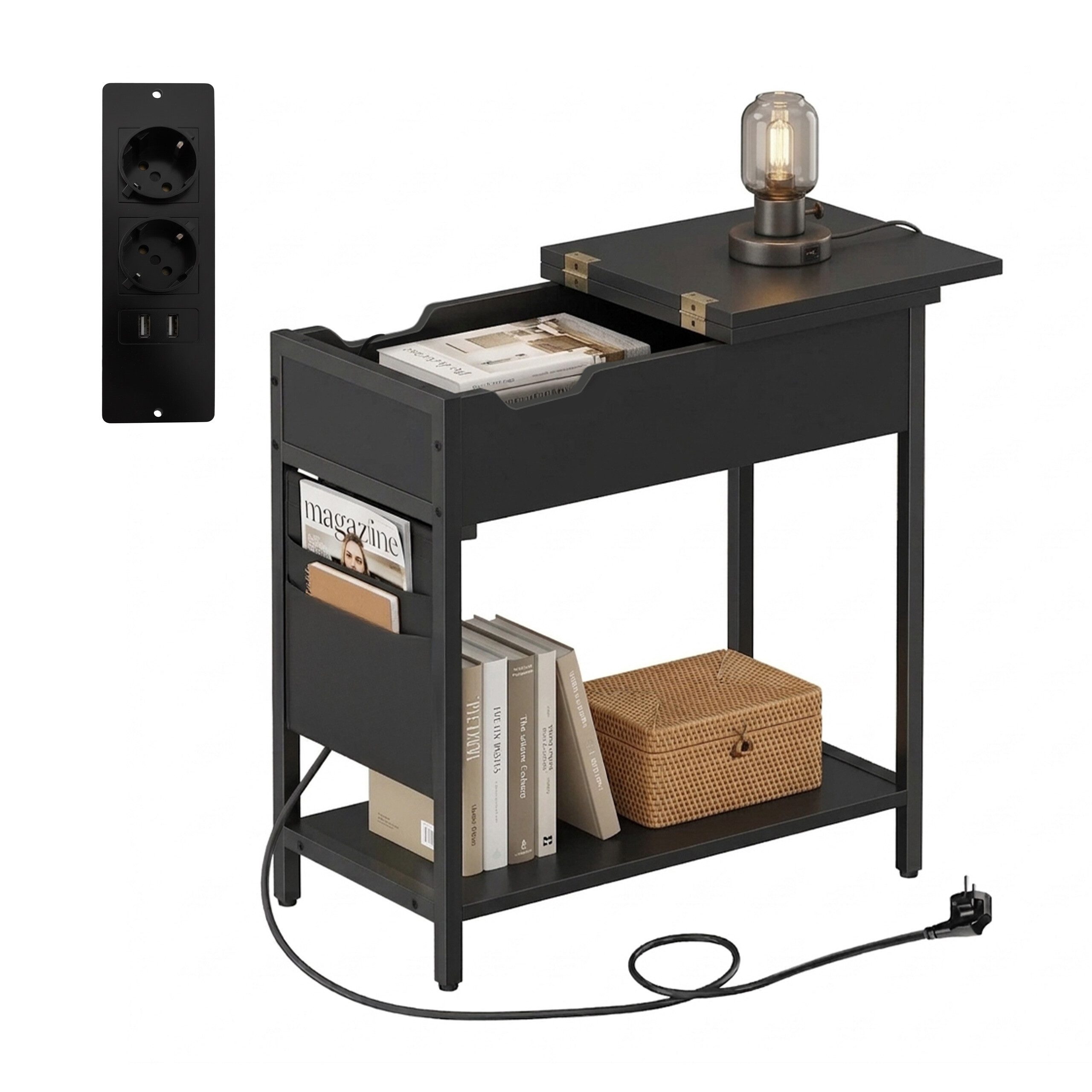 relaxdays Beistelltisch mit Steckdose (1-St), schwarz