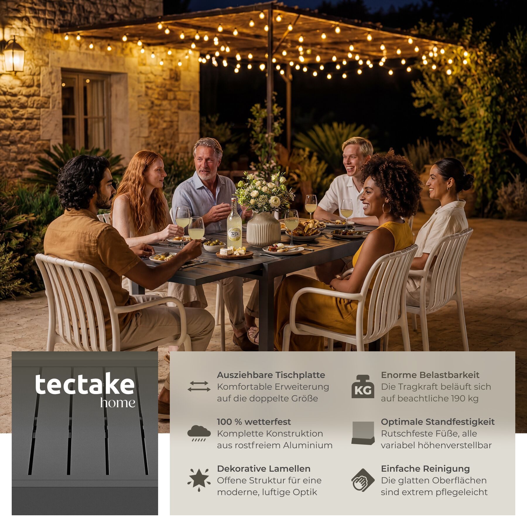 tectake Gartentisch Balkontisch für 4–6 Personen aus Aluminium, 70–140 x 70 x 75 cm (ausziehbarer Tisch Campos, 1-St., in dunkelgrau), ausziehbar, wetterfest un – Bild 2 von 5