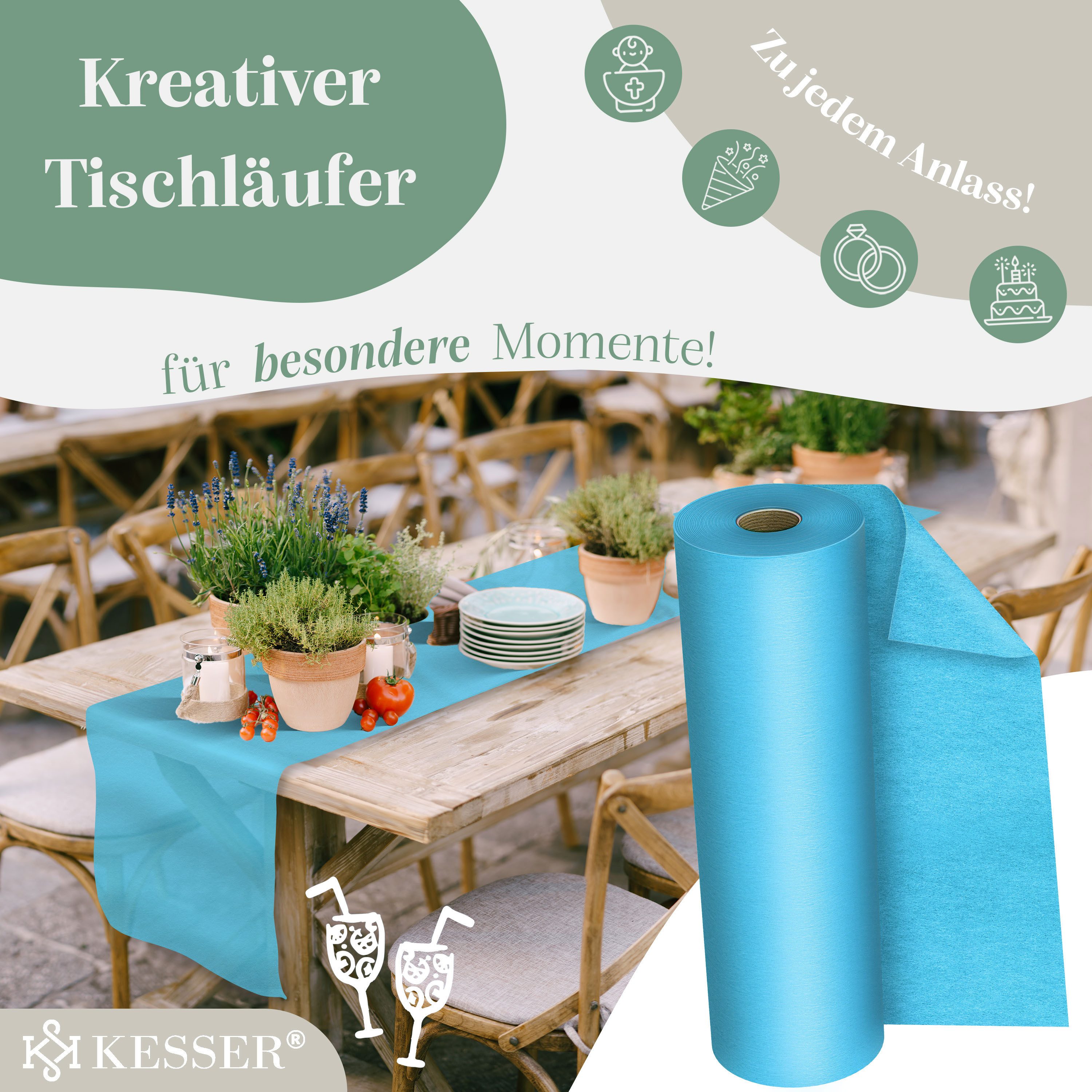 KESSER Tischläufer 25 m × 30 cm, wasserabweisend & abwaschbar, 30 g/m², anpassbare Vlies-Tischdekoration – für Feste aller Art geeignet