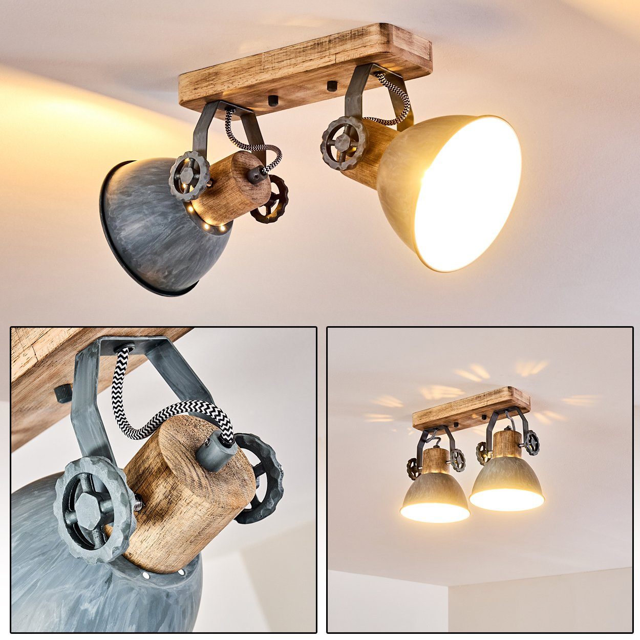 hofstein Deckenleuchte »Cotes« Deckenlampe Grau/Weiß/Braun, mit in Spot Leuchtmittel, im Metall/Holz aus Retro/Vintage Design Strahlern, verstellbaren 2-flammig, ohne 2xE27