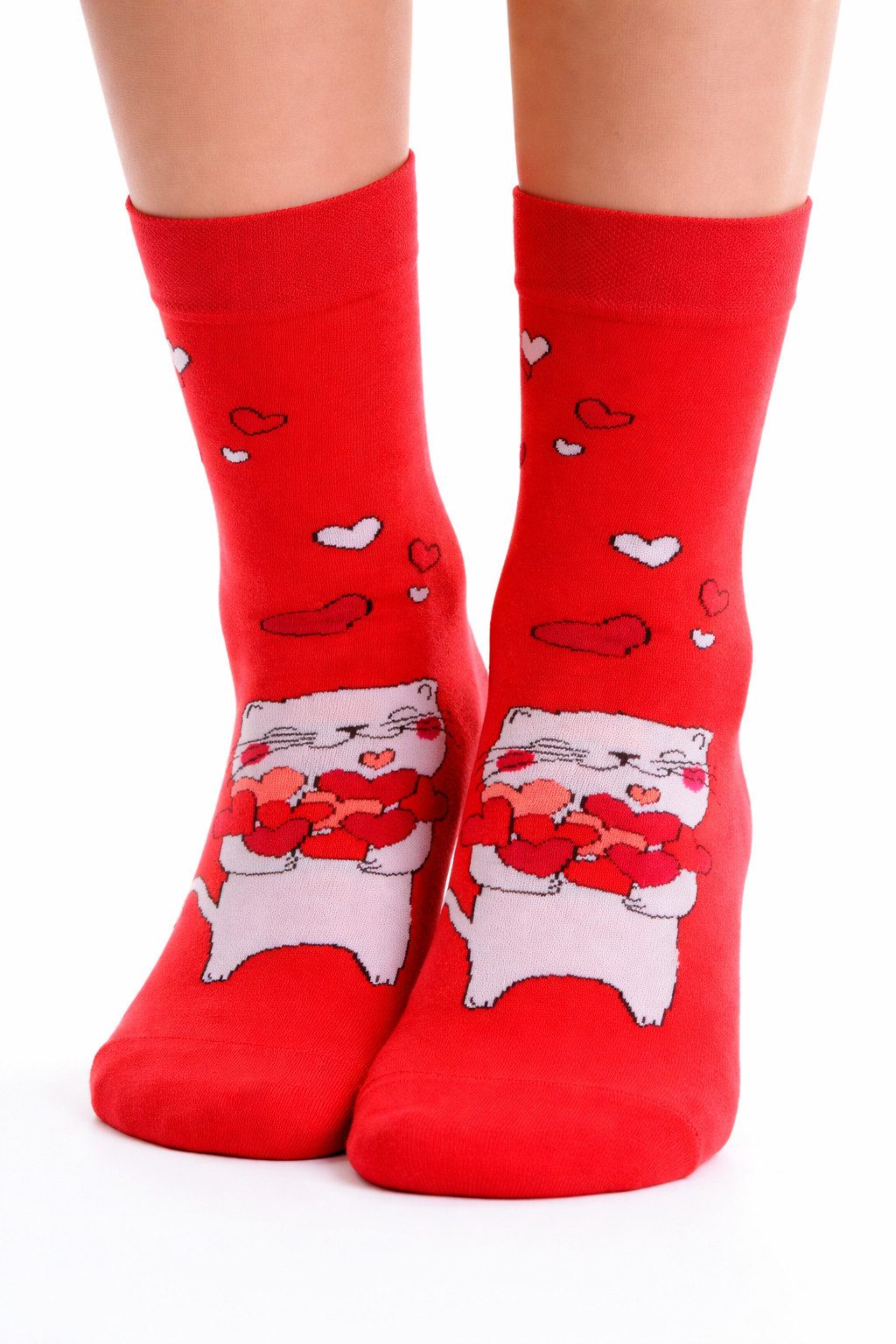 Martinex Socken 1 Paar Strümpfe socks in Rot mit Katzen und Herzen unisex (für Damen, Herren und Kinder, neutral) für Valentinstag, 35 36 37 38 39 40 41 42 43 44 45