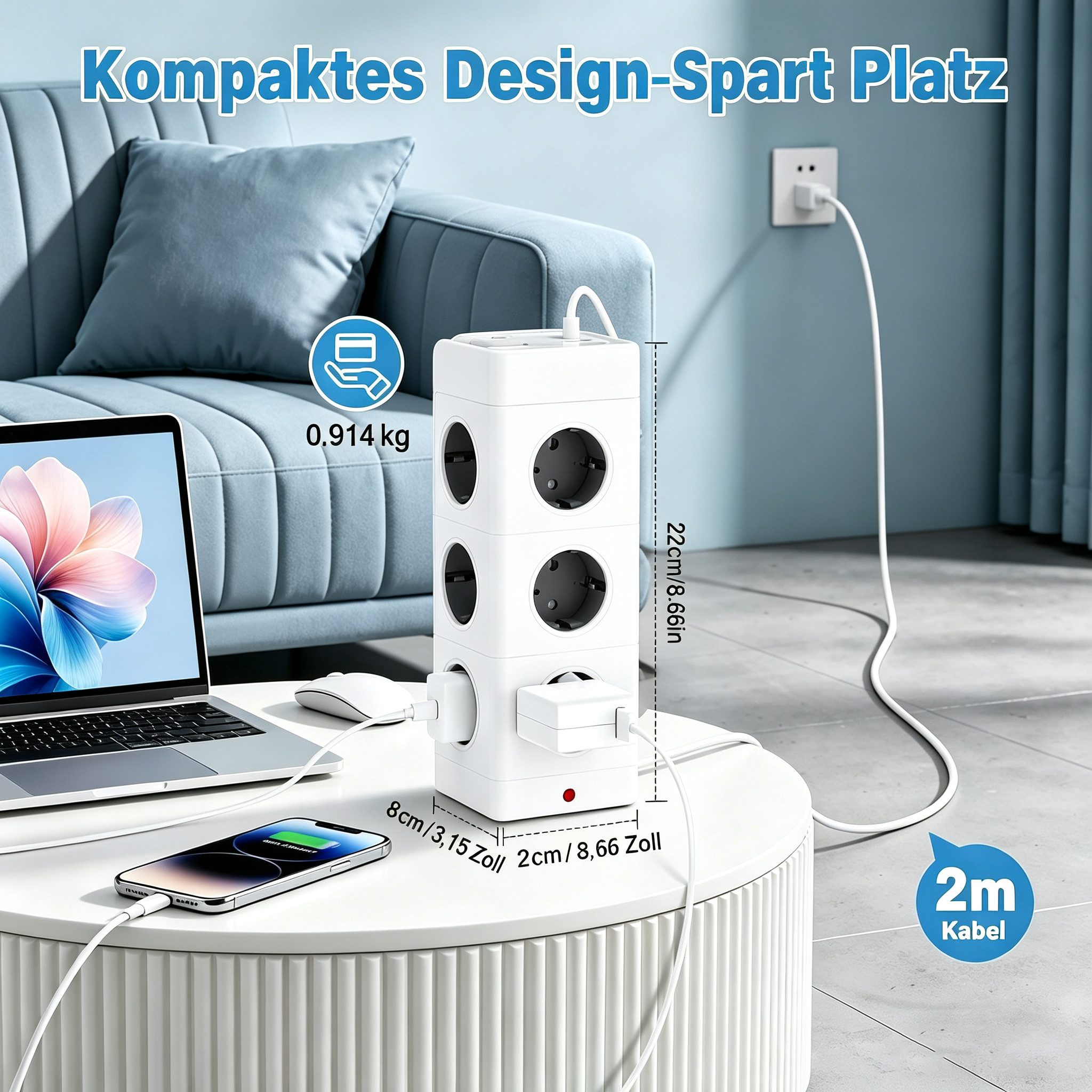 ibettertec 12 Fach Mehrfachsteckdose mit 4 USB Steckdosenturm Steckdosenleiste Steckdosenleiste 12-fach (Ein-/Ausschalter, USB-Anschlüsse, Schutzkontaktkupplung, Schutzkontaktstecker, Überspannungsschutz), Steckdosenleiste mit 1 Einzelnen Schalter Überspannungsschutz
