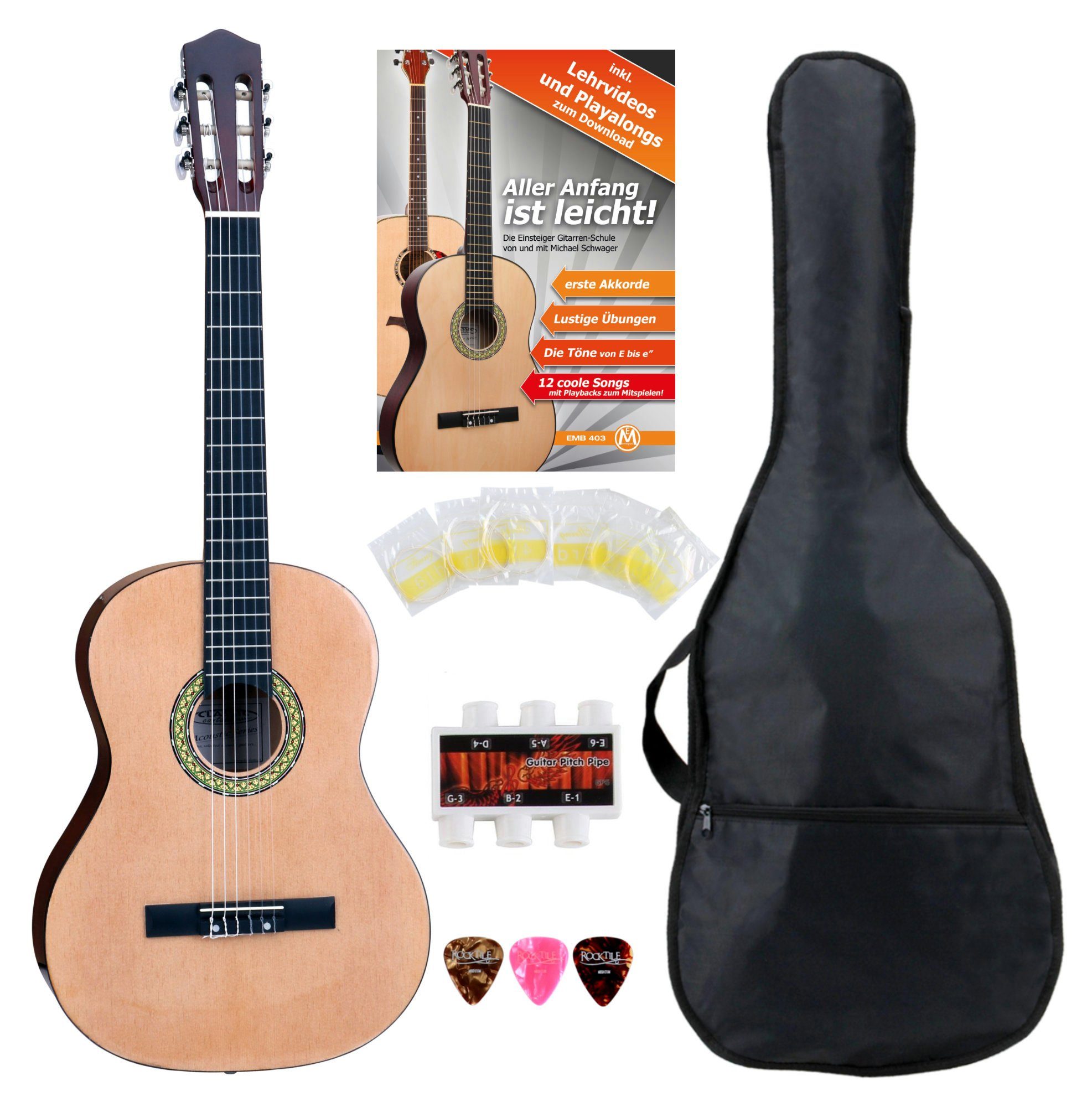 Classic Cantabile Konzertgitarre AS-861 Klassikgitarre, 4/4, Set mit Tasche, Schule, Stimmpfeife, Plektren, Saiten
