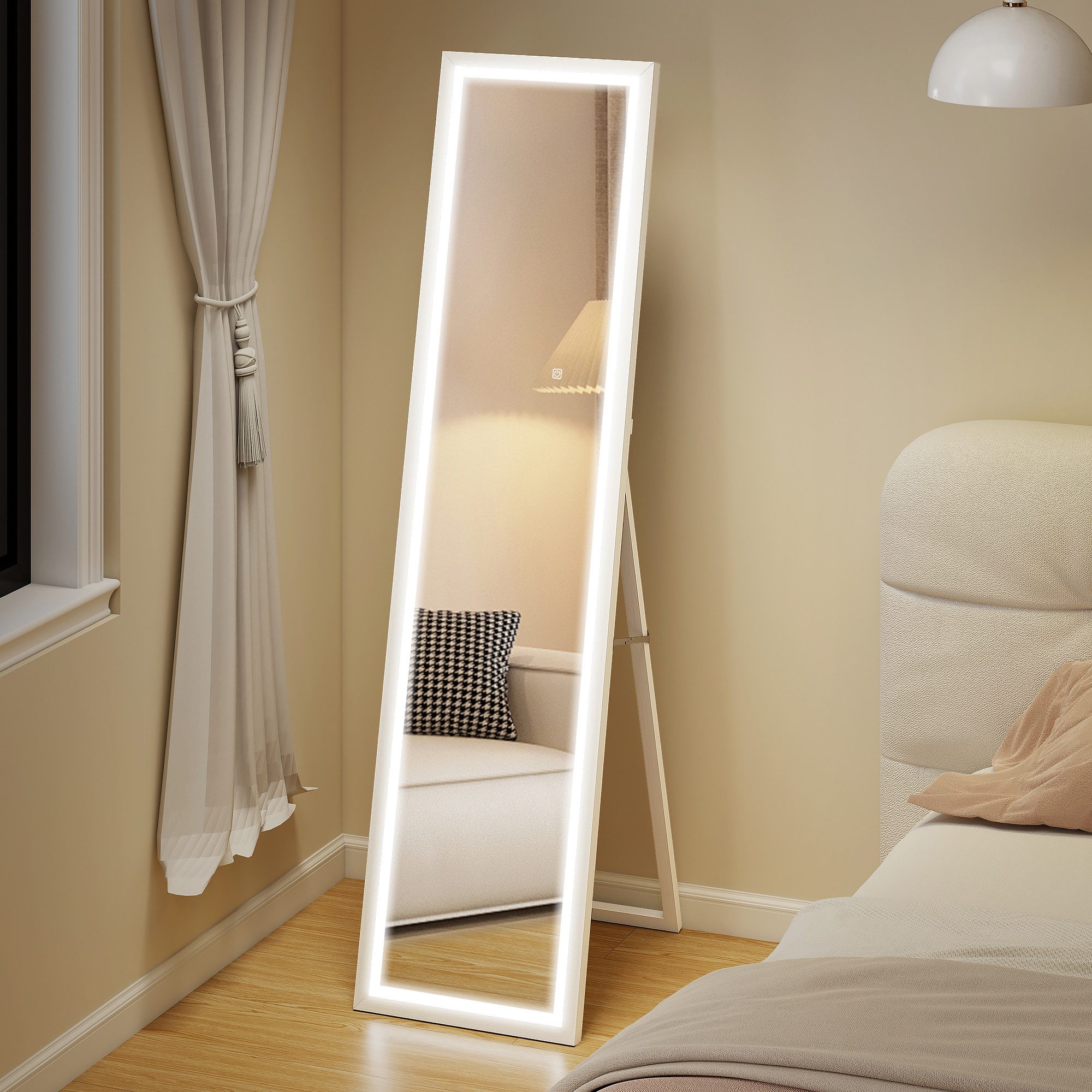 HOMCOM Standspiegel 40 x 160 cm, mit LED Lichte, Touch-Steuerung (Wandspiegel, 1-St., Ganzkörperspiegel), für Schlafzimmer, Wohnzimmer, Weiß