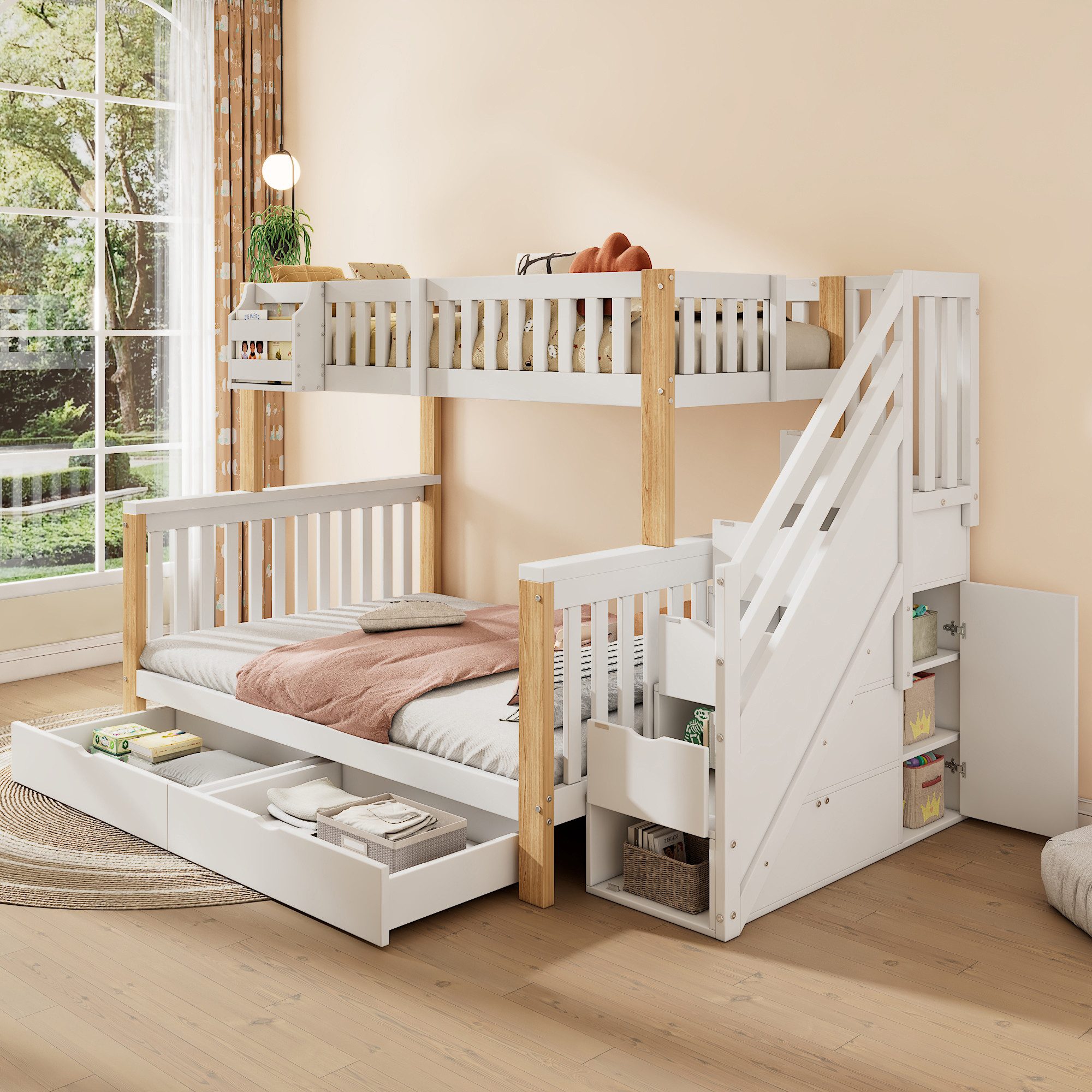 Flieks Etagenbett, Kinderbett mit 2 Schubladen und Stauraumtreppe 90x200cm+140x200cm
