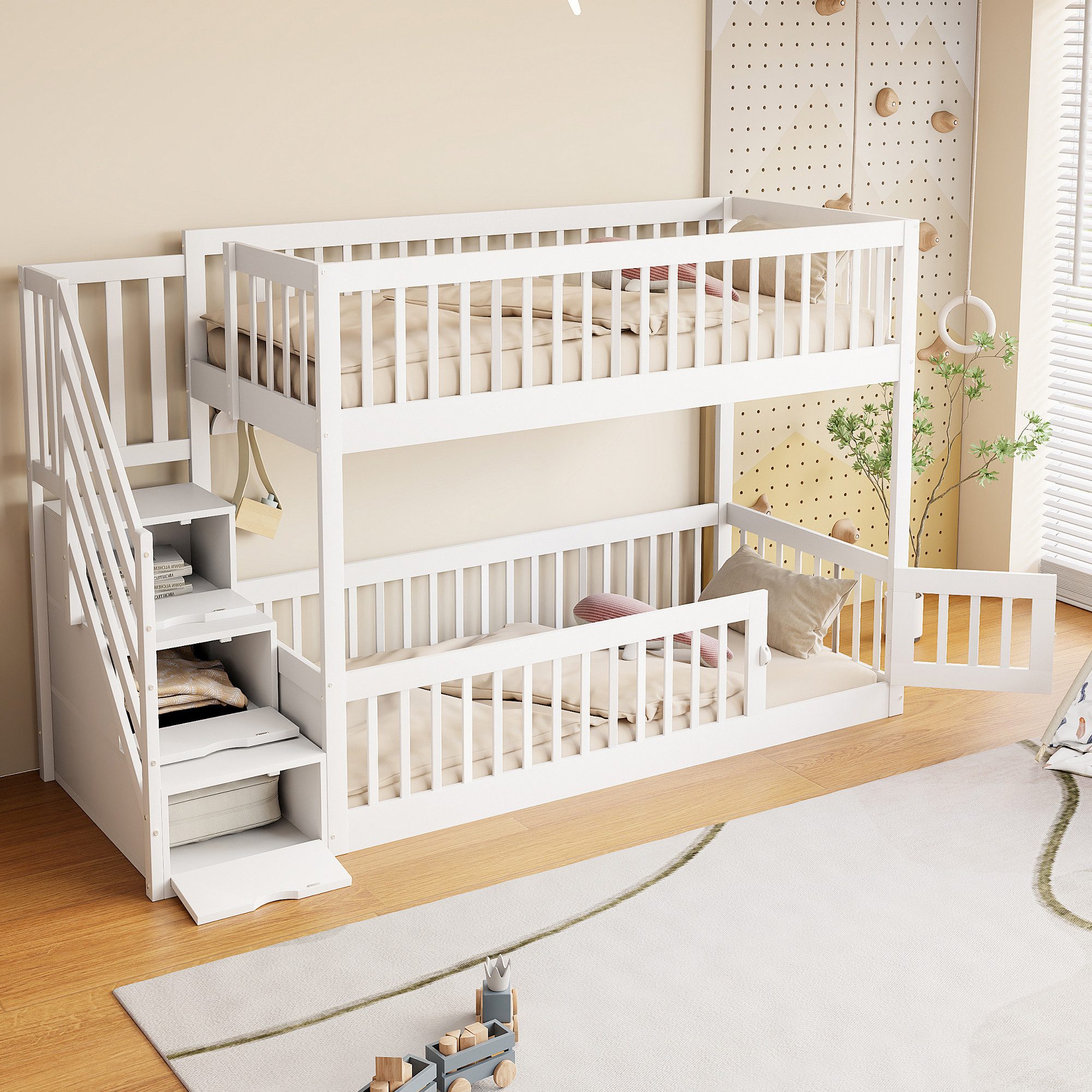 Merax Etagenbett (Kieferholz Hochbett Jugendbett Hausbett, 1-St), Holz Kinderbett 90x200cm mit Stauraumtreppe Geländer Spielbereich Tür