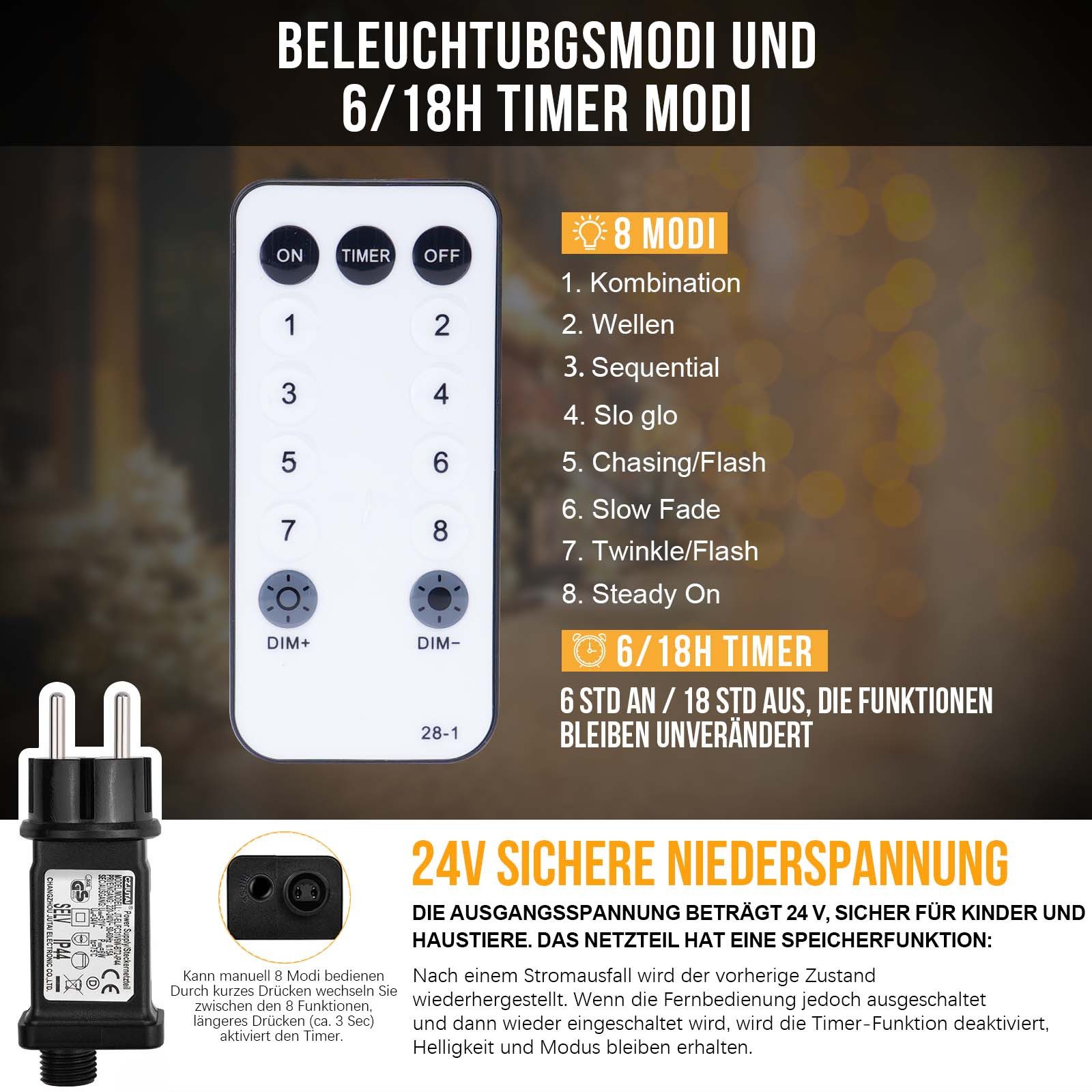 XERSEK LED-Hängeleuchte LED-Weihnachtslichterkette LED String Lichtervorhang Beleuchtung, Stern LED-Beleuchtung Fenster LED-Lichtervorhang mit 144 Flamming mit Fernbedienung, 4 Dimmbar, 8 Leuchtmode, Timer, 8 Strangen, Xmas Deko, Warmweiß, Multifunktions-3 Timer-11 Modi-31V