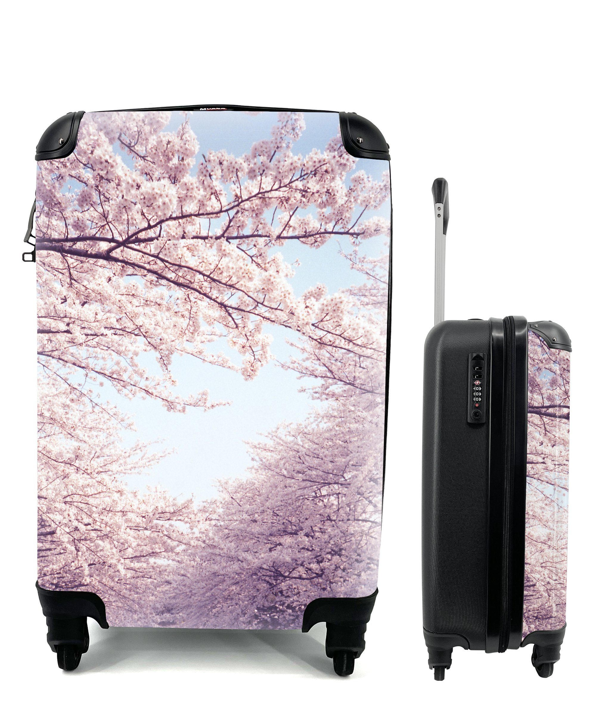 MuchoWow Handgepäckkoffer Bild der vielen Sakura-Bäume mit hellblauem Himmel, 4 Rollen, Reisetasche mit rollen, Handgepäck für Ferien, Trolley, Reisekoffer