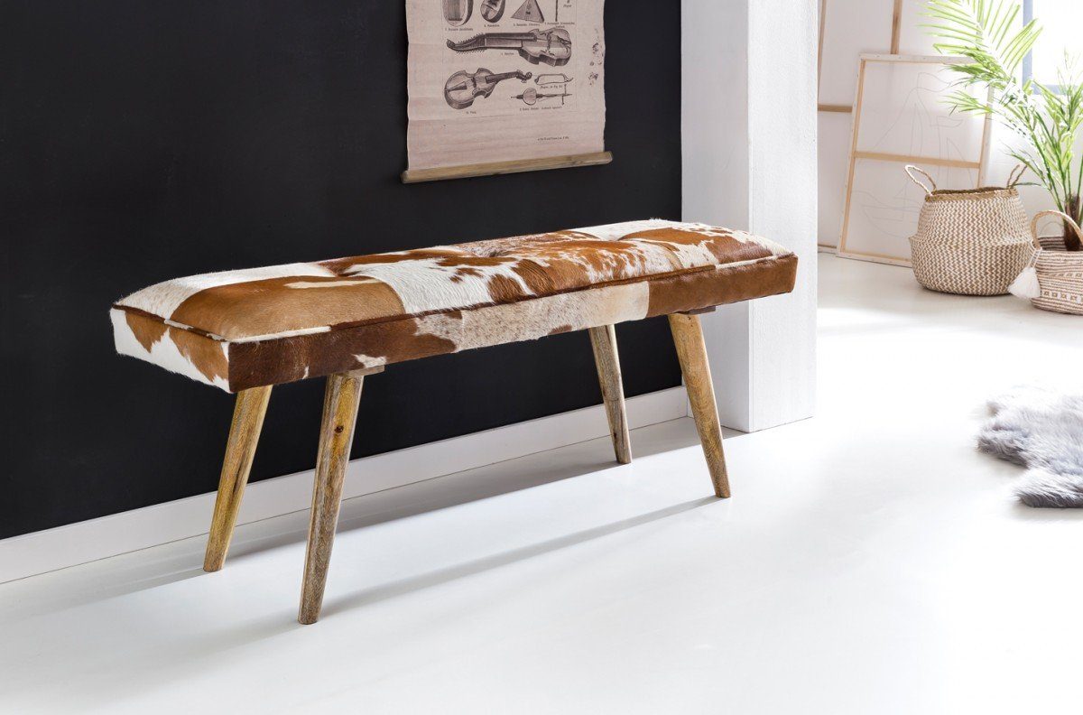 Wohnling Hockerbank Sitzbank Ziegenfell 120cm Flurbank Polsterbank Design Fell Bettbank (Sitzbank Ziegenfell / Massivholz Bank 120x40x52 cm), Kleine Bettbank, Polsterbank Flur Esszimmer