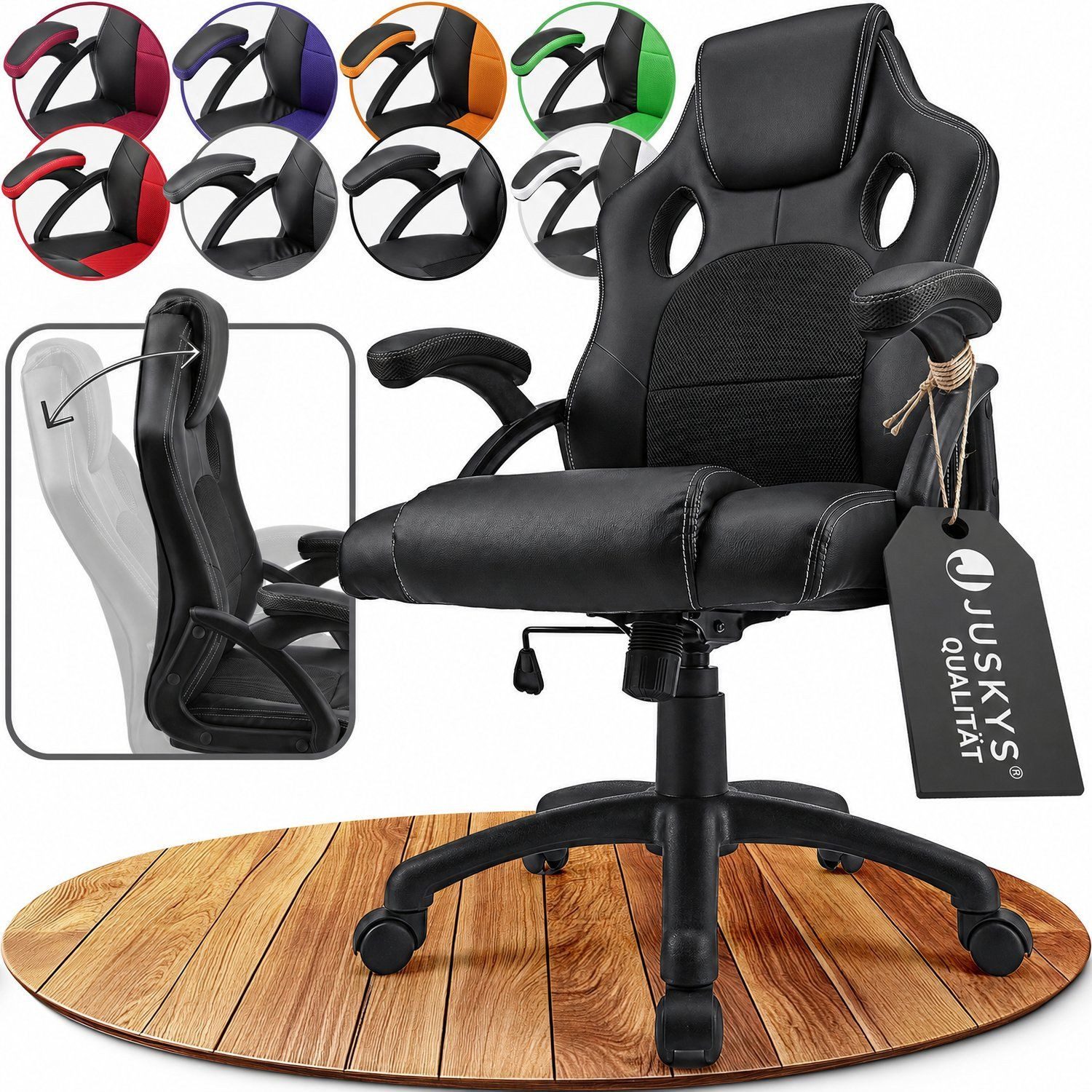 Juskys Gaming-Stuhl Montreal, Ergonomisch geformte Sitzfläche, Rückenlehne und Sitzfläche kippbar