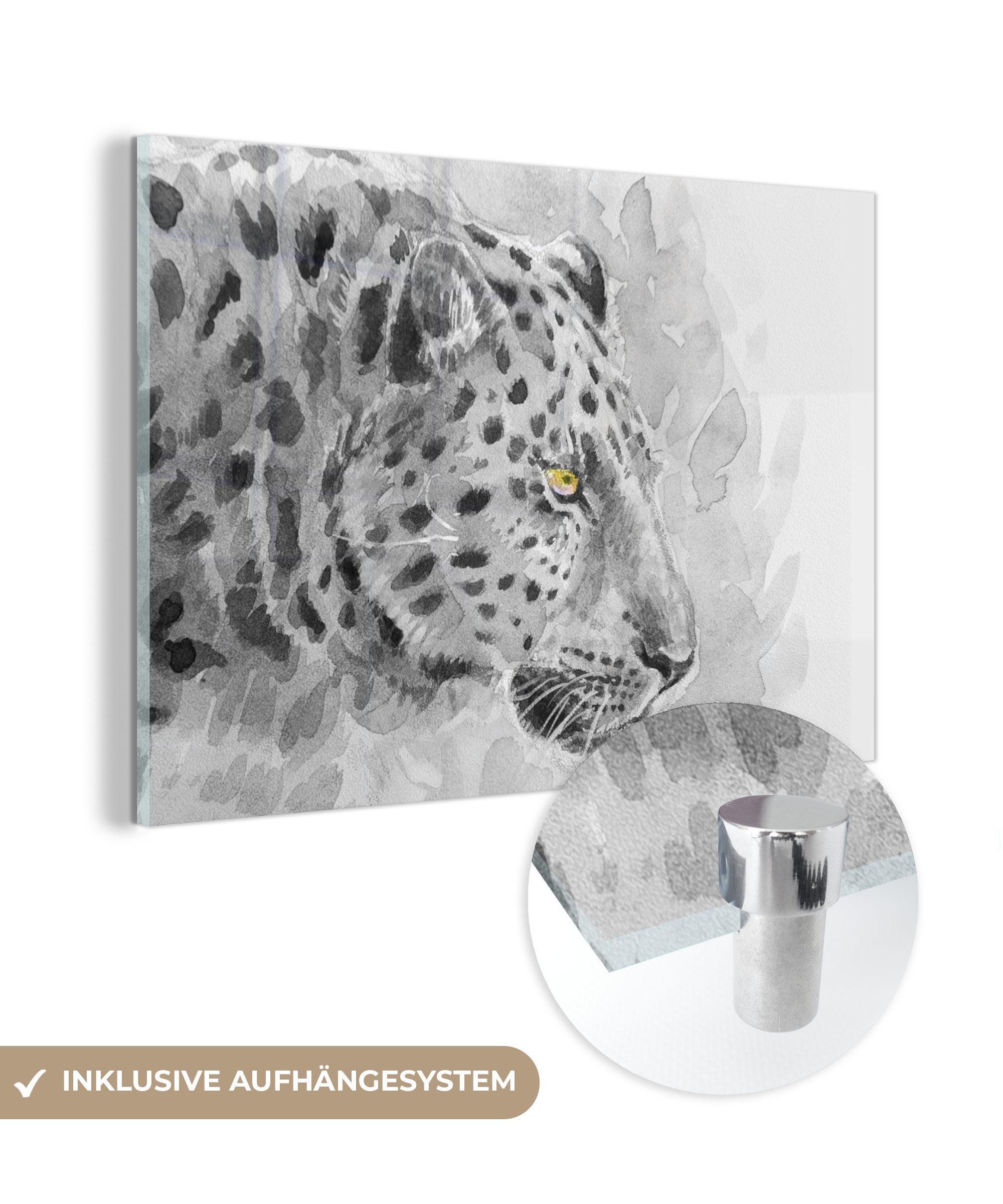 MuchoWow Acrylglasbild Leopard - Schwarz - Weiß - Profil, (1 St), Glasbilder - Bilder auf Glas Wandbild - Foto auf Glas - Wanddekoration