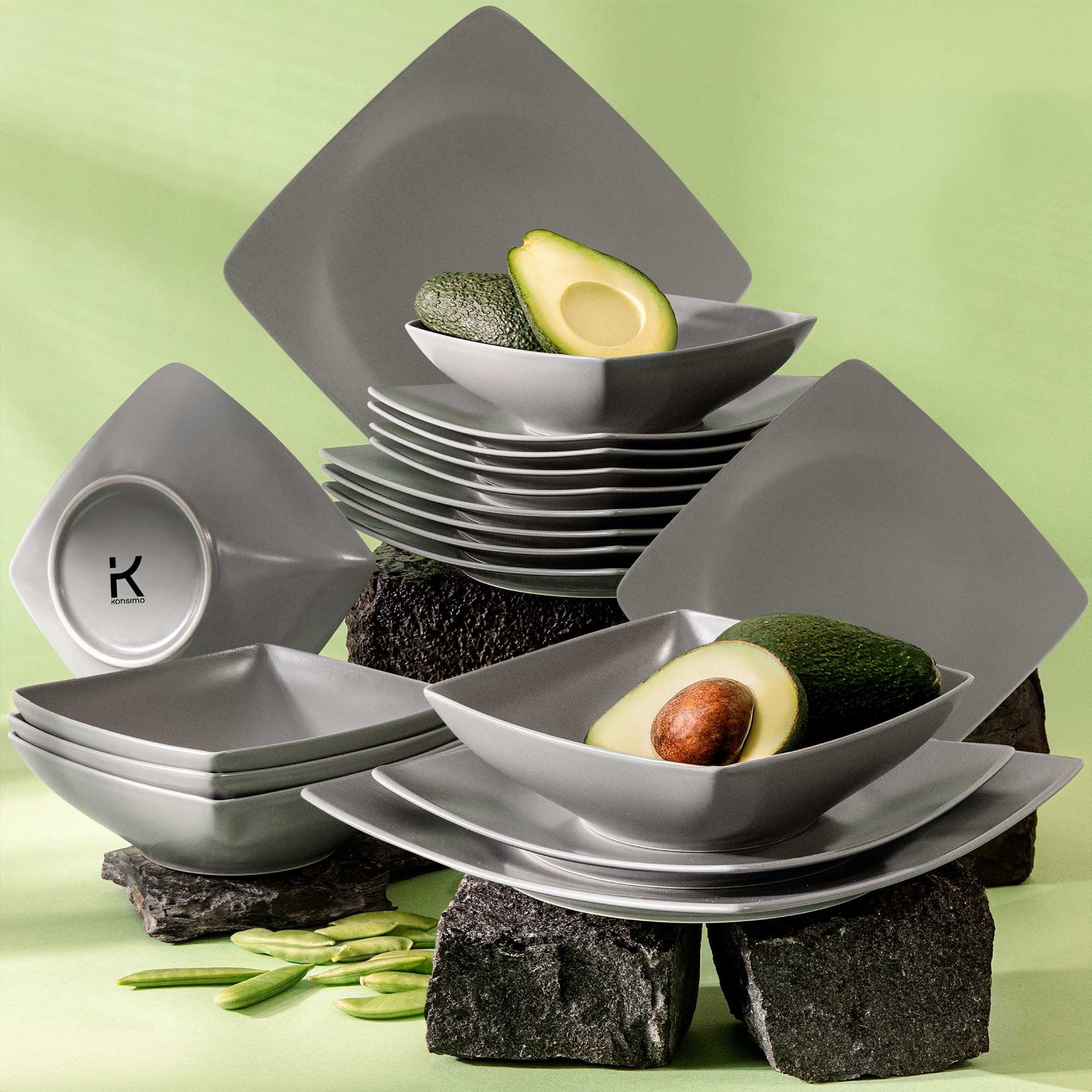 KONSIMO® Tafelservice EPIRI Geschirrset Speiseteller Suppenteller Dessertteller 6 Personen (18-tlg), 6 Personen, Keramik, quadratisch, Spulmachinen- und Mikrowellengeeignet