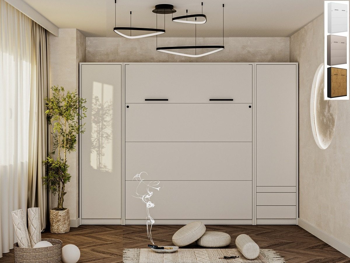 QMM TraumMöbel Schrankbett Wandbett modern vertikal GN 160 x 200 mit 2 Schränken - Weiß-Hochglanz (Set, 3-St., Schrankbett vertikal 160x200 mit LED; 2 Schränke) Mit LED-Beleuchtung