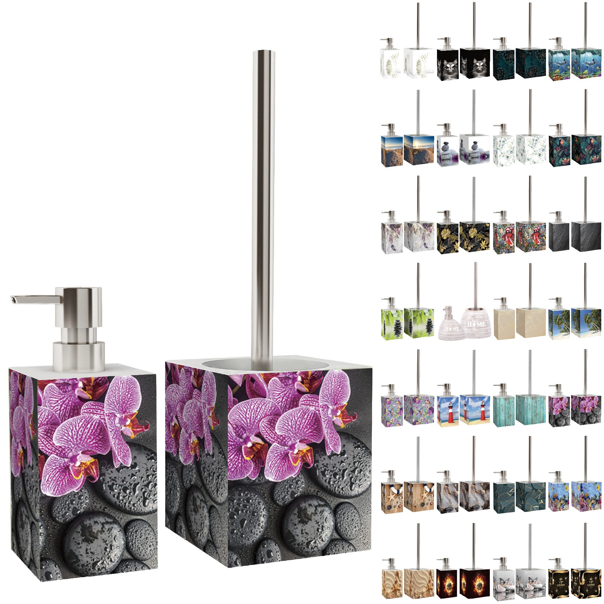 Sanilo Badaccessoire-Set mit Motiv, viele schöne Seifenspender und WC Bürsten zur Auswahl, Klobürste mit auswechselbaren Bürstenkopf, 2 tlg., 2-tlg., Desinfektionsspender mit stabiler Pumpe, hochwertig & modern