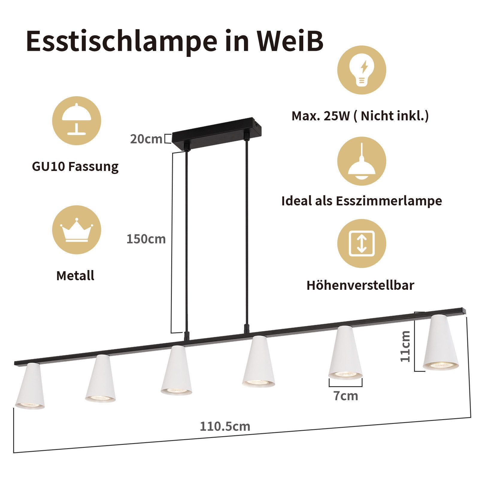 ZMH Pendelleuchte Esszimmer 4/6 Flammig GU10 Modern Hängeleuchte Wohnzimmer Flur, Einfache Installation, ohne Leuchtmittel, 150CM Schwarz-Weiß Esstischlampe hängend Industrial Küche