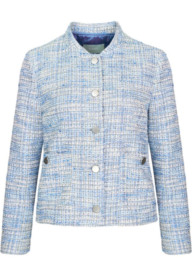 Bouclèjacke – Elegante Kurzjacke mit Stehkragen und Knopfleiste
