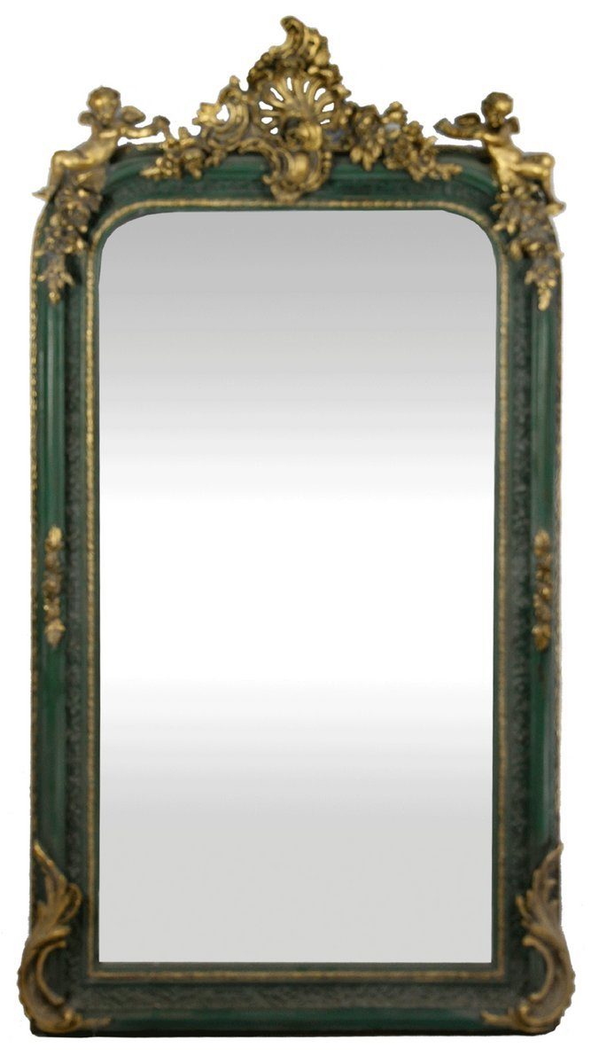 Casa Padrino Barockspiegel Barock Wandspiegel Grün / Antik Gold 85 x H. 160 cm - Prunkvoller Barock Spiegel mit wunderschönen Verzierungen und dekorativen Engelsfiguren