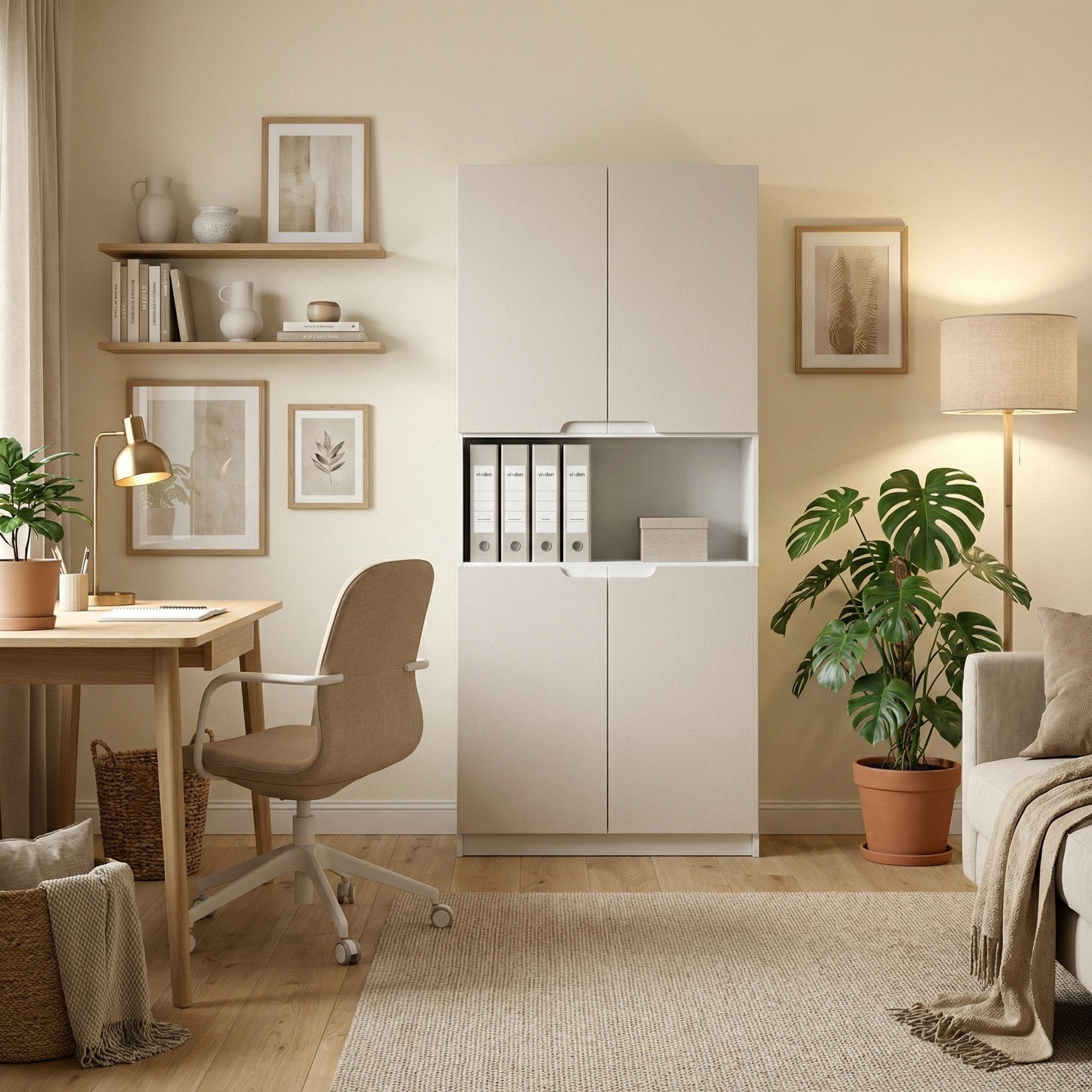 Vladon Aktenschrank Logan V2 (Aktenschrank, mit 5 Fächern und 4 Türen) Weiß matt/Cashmere (82 x 184 x 37 cm)