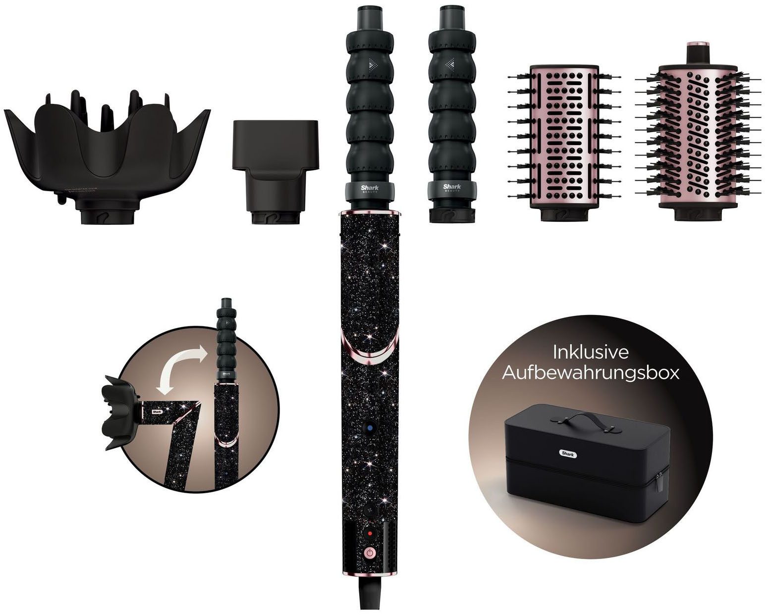 Shark Multihaarstyler FlexStyle 5-in-1 Haarstyler und -trockner - Black Diamond HD446JBEU, Mit einer Drehung vom leistungsstarken Haartrockner zum Styler