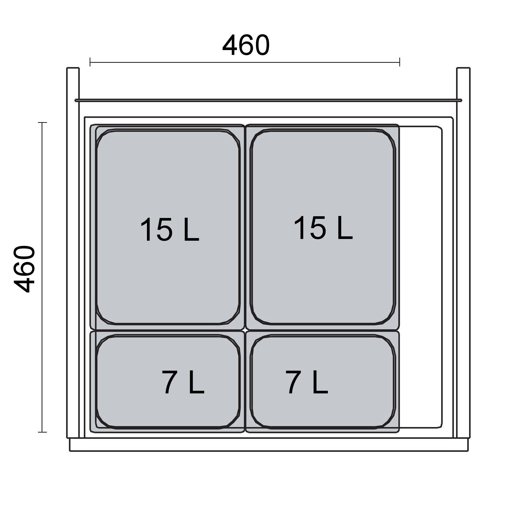 SO-TECH® Mülltrennsystem eins2vier KB 600 mm, Seitenstärke 16 mm Höhe 250 mm, 2x 7L, 2x 15L, 1x 60er Bodenplatte, 1x 60er Deckelplatte