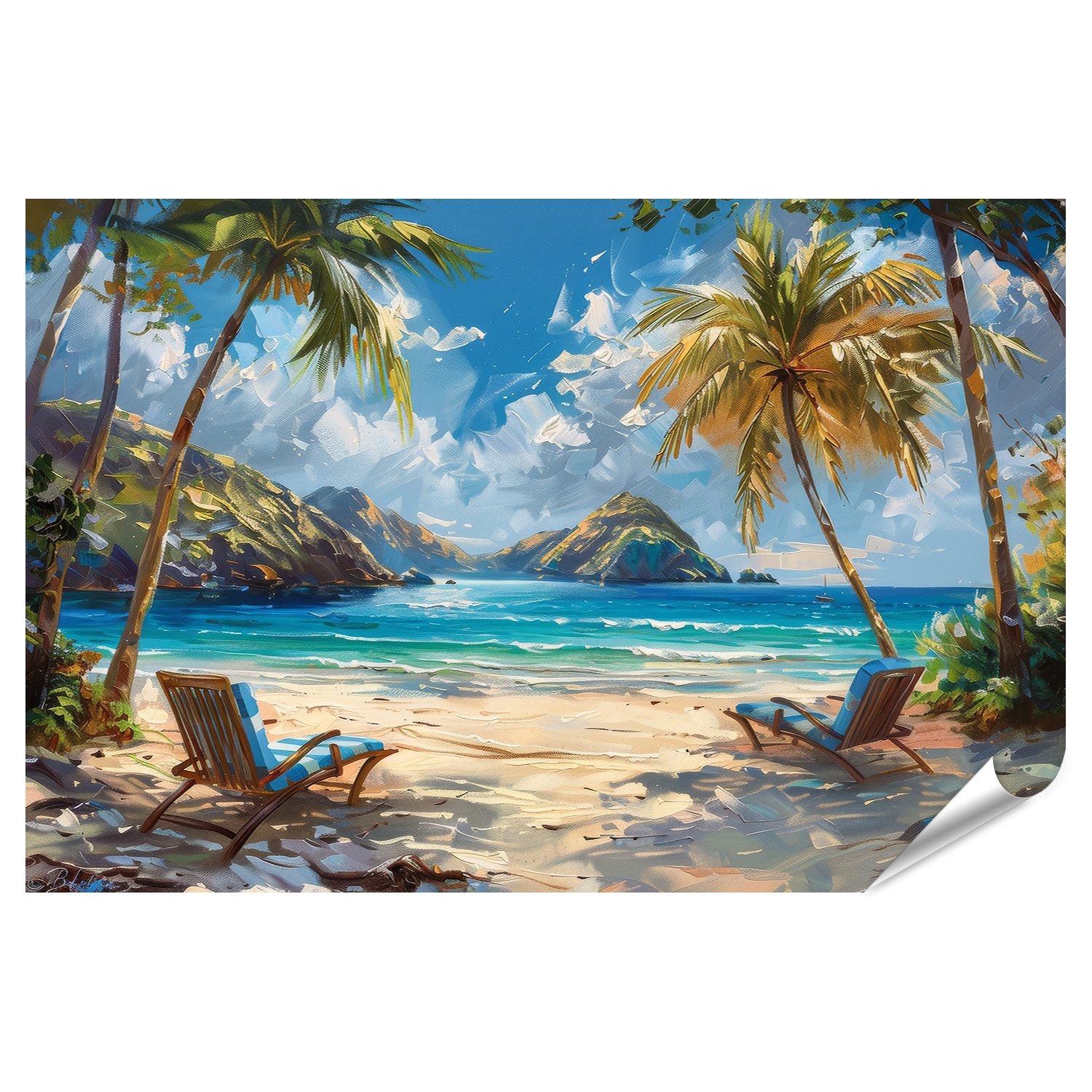 Poster Ruhige Strandkulisse mit Palmen, Liegestühlen unter sonnigem Himm