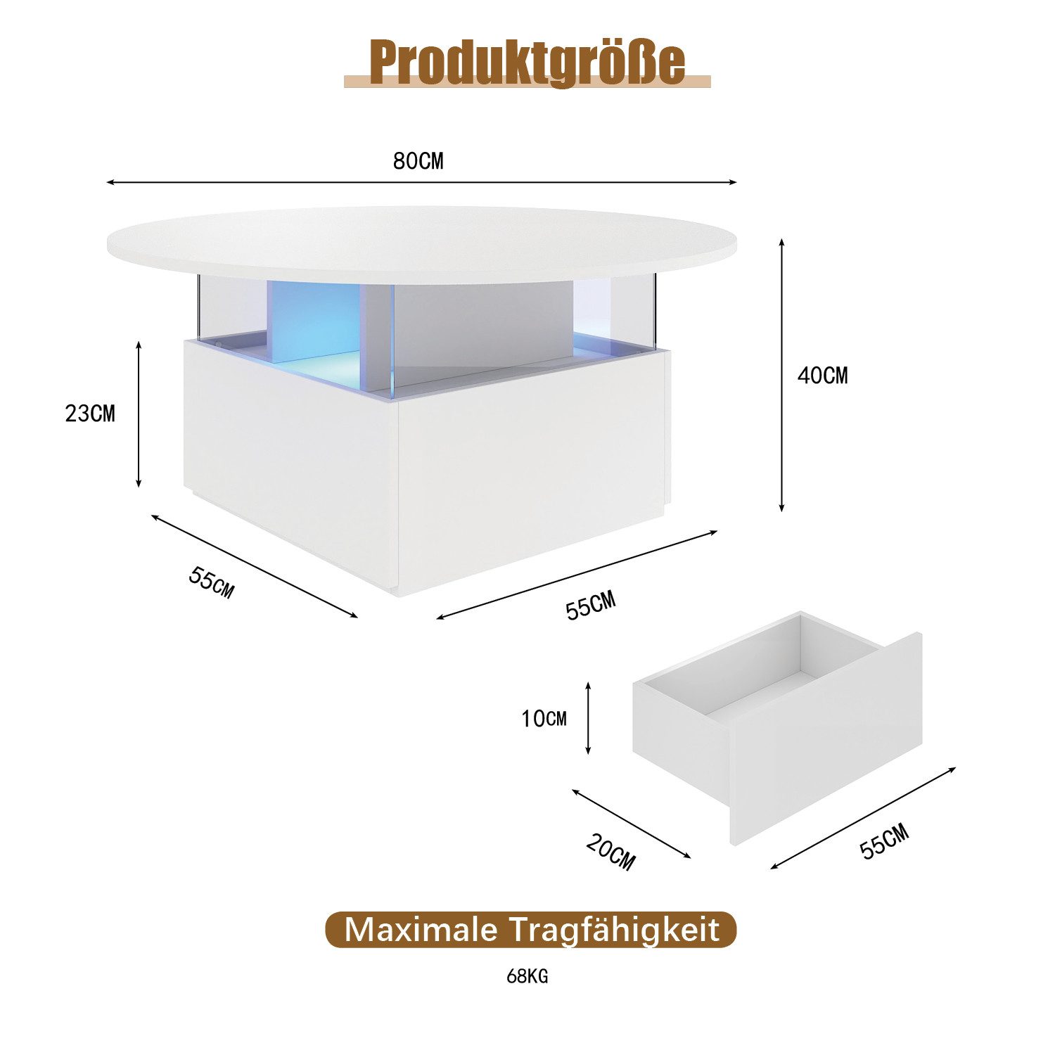 radelldar Couchtisch mit LED-Beleuchtung und 2 Schubladen, Wohnzimmertisch 80x40cm (1-St), Beistelltisch mit runder Platte und extra Ausstellungsfläche