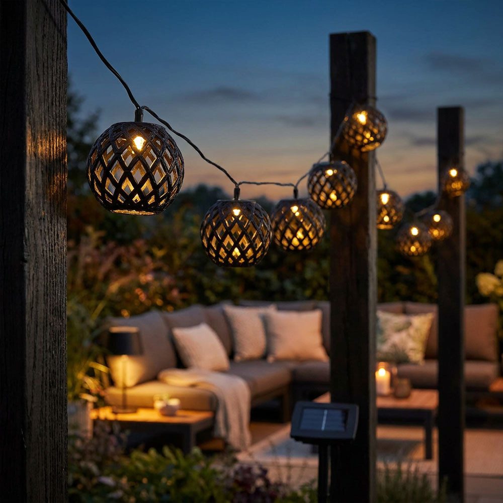 GLOBO LIGHTING LED Dekolicht, LED-Leuchtmittel fest verbaut, Warmweiß, LED Solar-Lichterkette synthetisch schwarz Feuereffekt 8x L