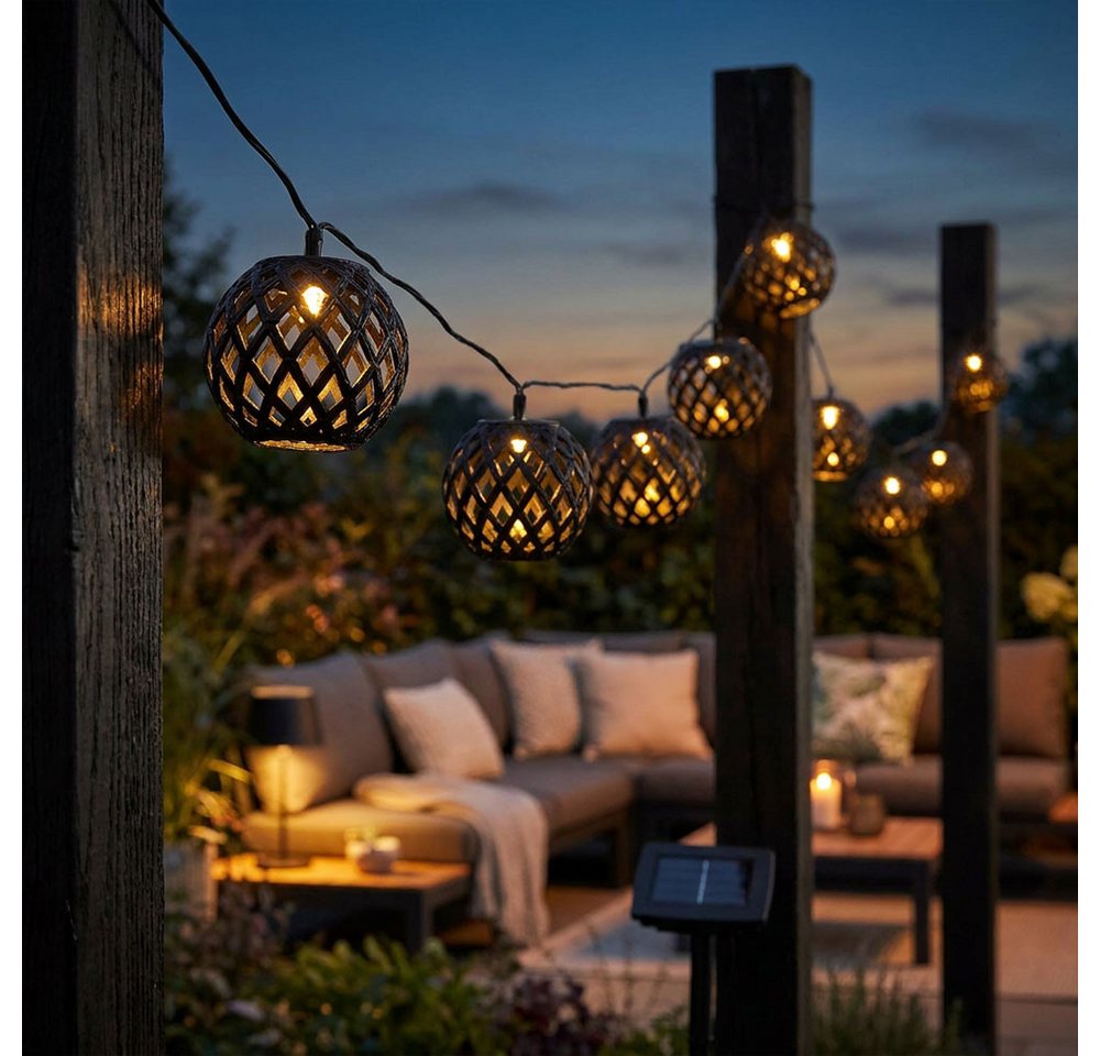 GLOBO LIGHTING LED Dekolicht, LED-Leuchtmittel fest verbaut, Warmweiß, LED Solar-Lichterkette synthetisch schwarz Feuereffekt 8x L
