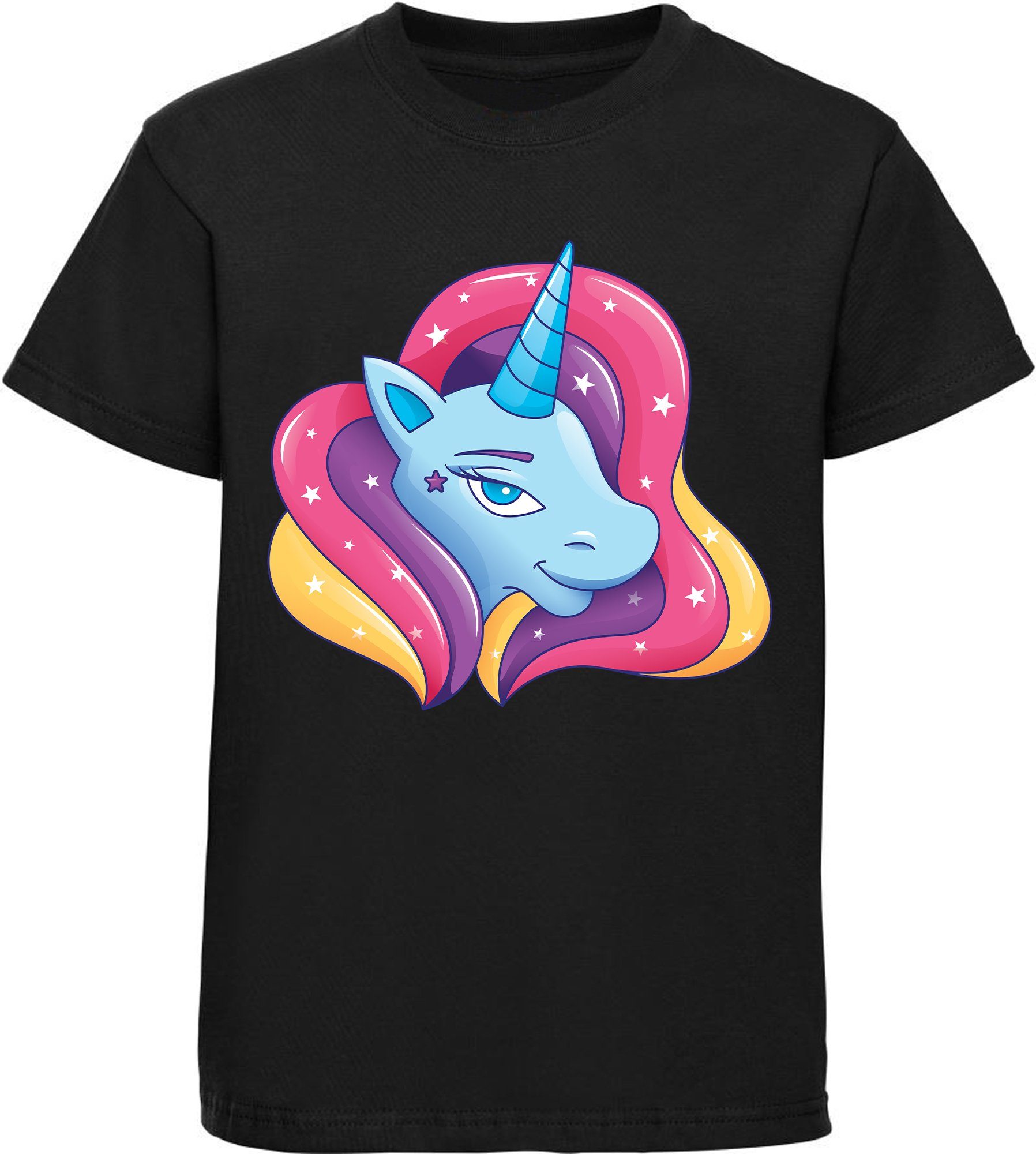 MyDesign24 Print-Shirt bedrucktes Kinder Mädchen T-Shirt - Einhorn Kopf mit Regenbogenmähne Baumwollshirt mit Aufdruck, i195 schwarz