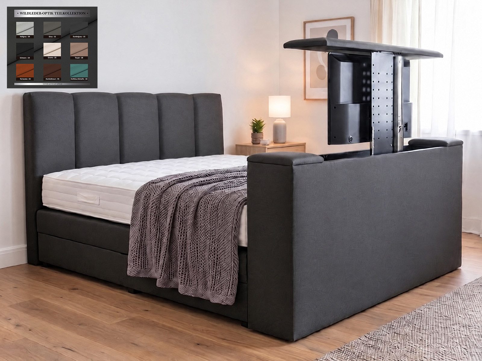 PAARA Boxspringbett Chicago mit Bettkasten Stauraum + TV Lift, mit einzigartigem Belüftungssystem