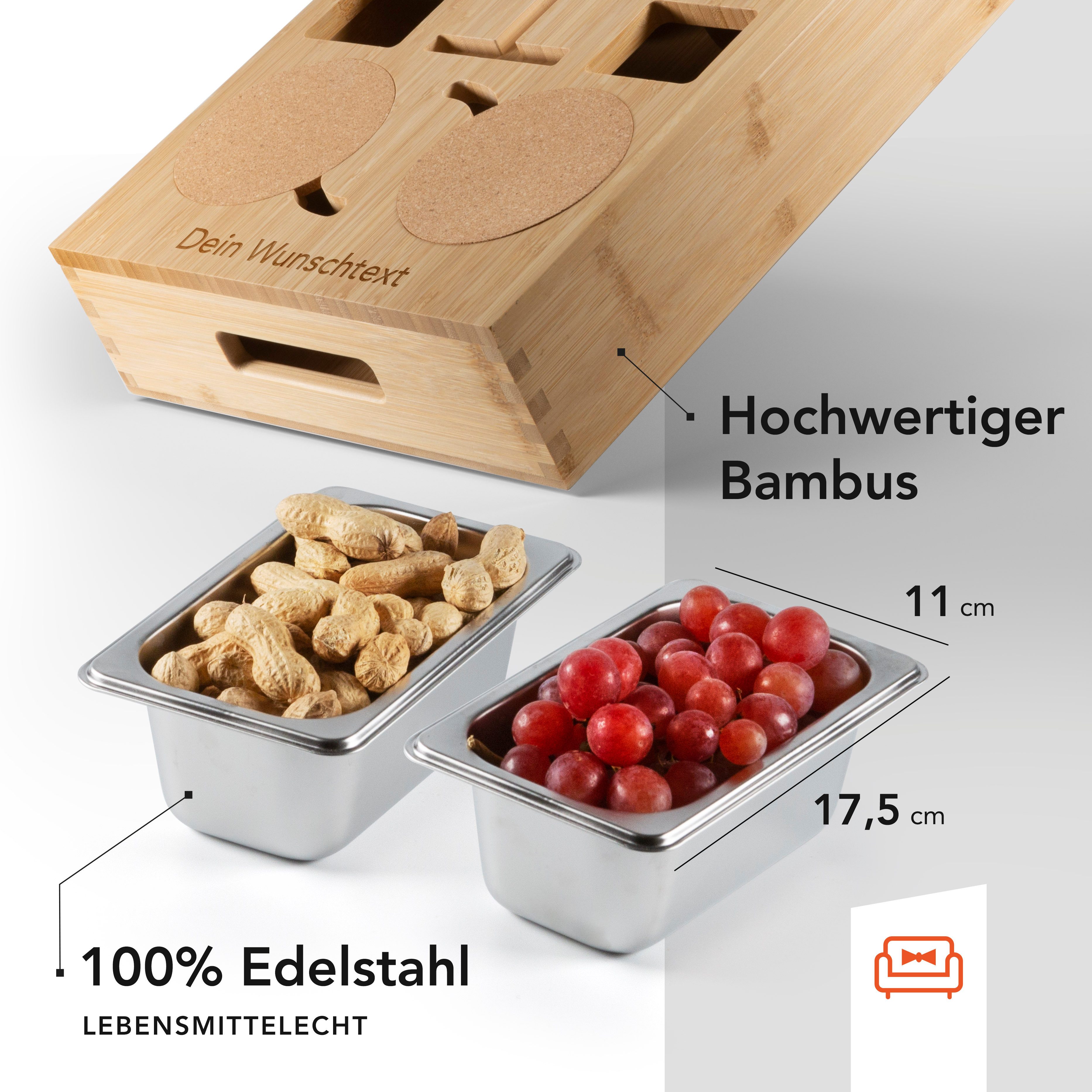 NewHabitat Servierplatte Couchbar Snackbox aus Bambus Personalisierbar inkl. Geschenkbox, Personalisiert, (Geschenkset, Couchbutler), Perfekt als Geschenk
