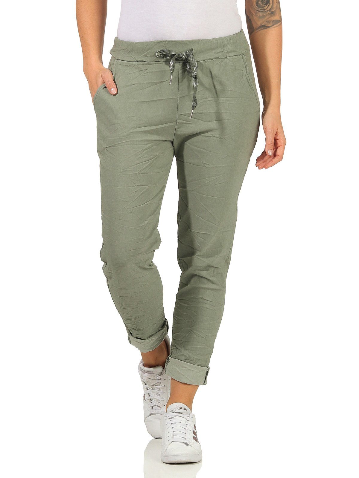 Schlupfhose Damen mit (1-tlg) Bund Schlupfhose für Basic Khaki Chinohose mit elastischem Kordelzug, Damenmode Freizeithose Aurela angenehme