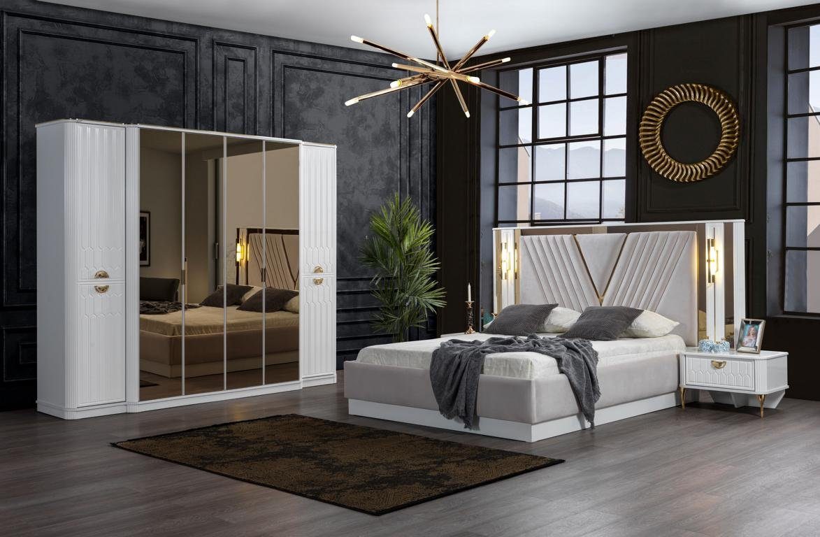 JVmoebel Schlafzimmer-Set Schlafzimmer Set Bett 2x Nachttisch Kleiderschrank Holz Luxus Set, (4-St)