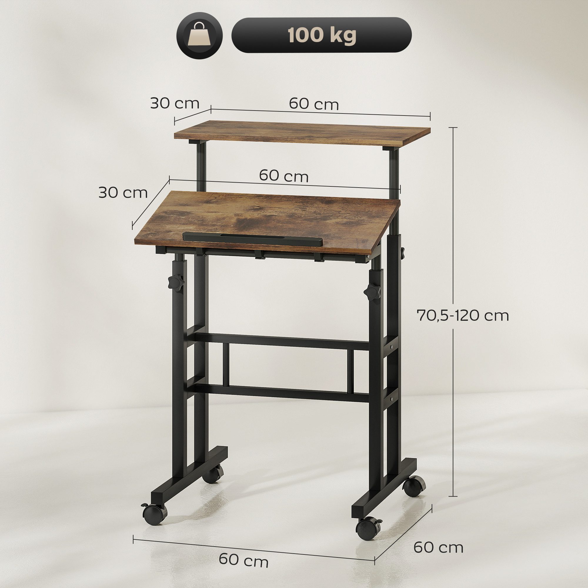 HOMCOM Schreibtisch Küchentisch mit Regal, Rollen, Computertisch, Büroregal (Laptoptisch, 1-St., Arbeitstisch), Höhenverstellbar, Rustikal-Braun