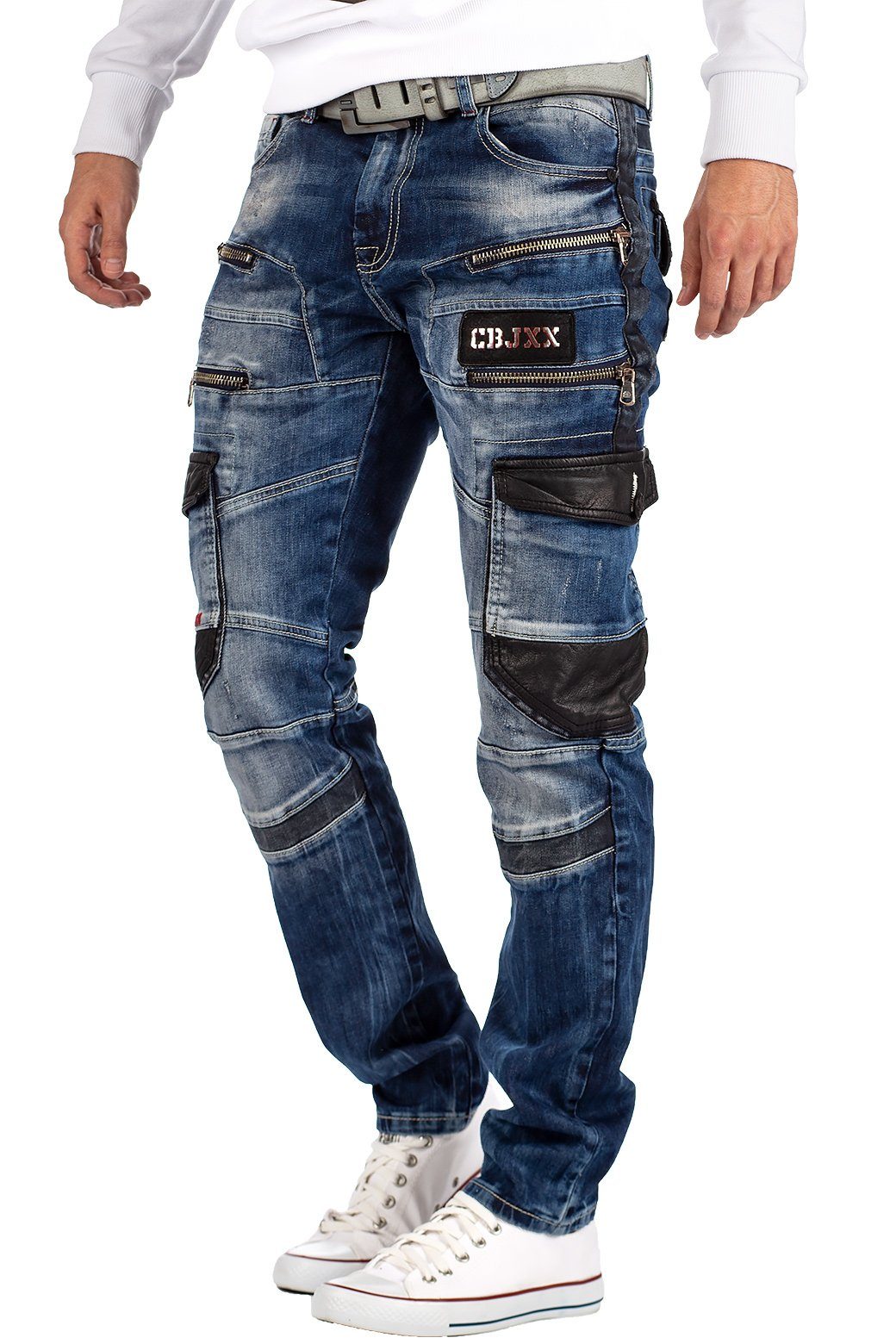 Cipo & Baxx Bikerjeans Herren straight fit Hose Stonewashed BA-CD561 4 Zipper und Cargostil Seitentaschen