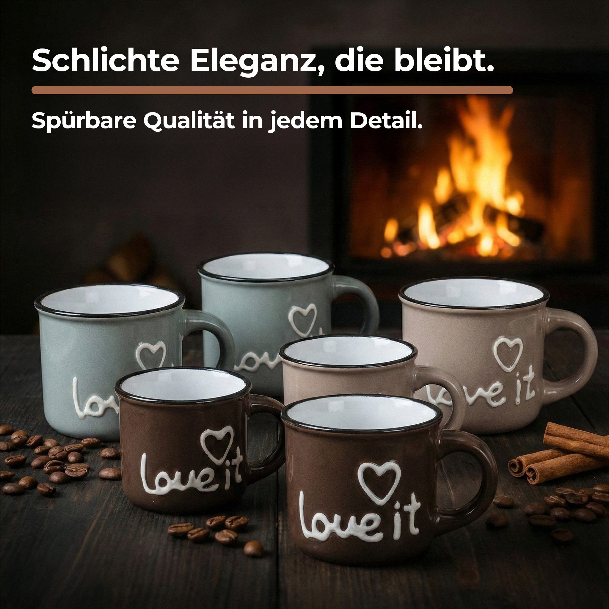 matches21 HOME & HOBBY Tasse Espresso-Tassen mit Löffel 48 Stk. dickwandige Keramik, 50 ml, 48-tlg., Keramik, Kleine Vintage Henkel Kaffee-Tassen mit Spruch ohne Untertassen