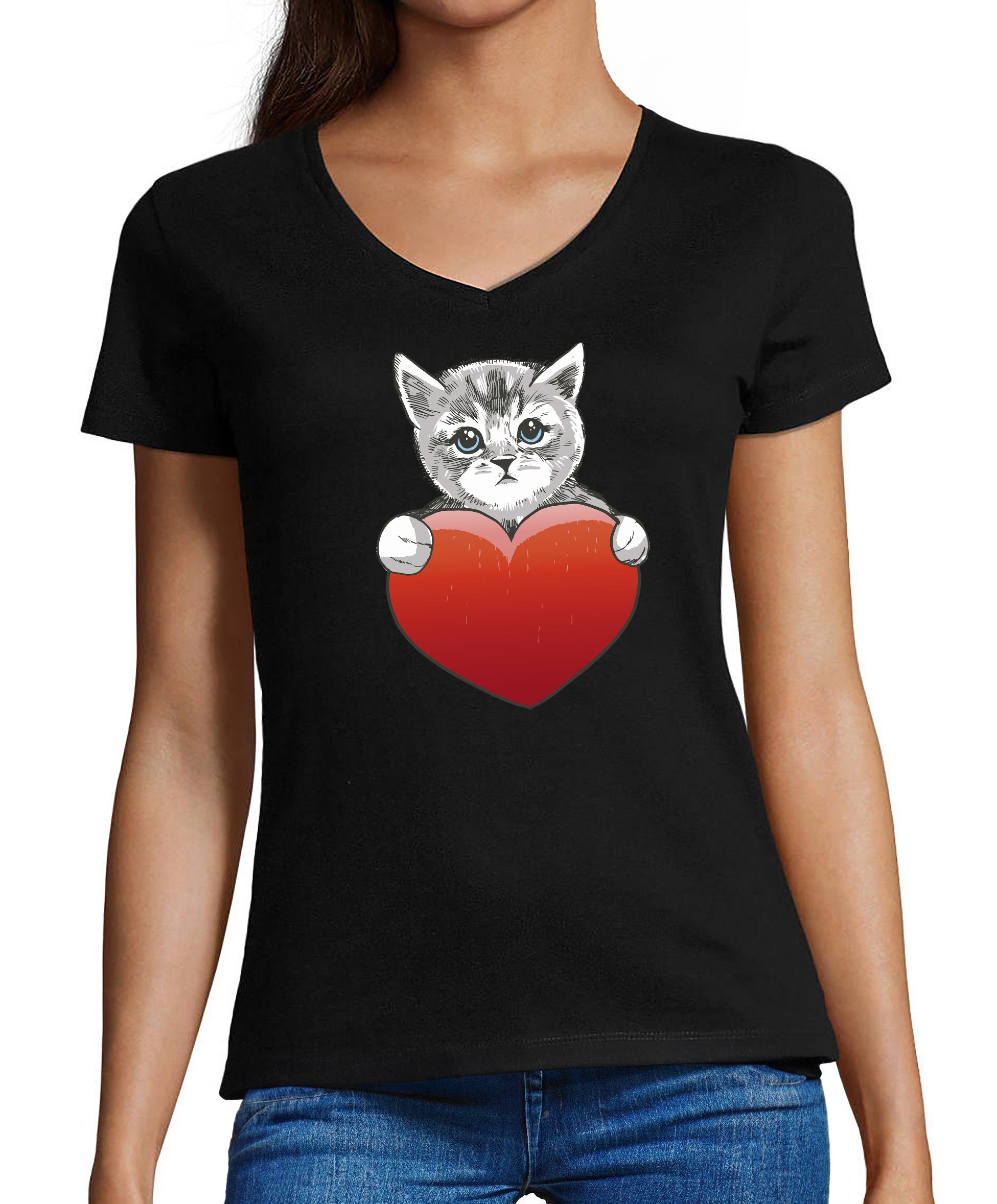 Damen T-Shirt Katzen bedruckt Fit, Shirt - schwarz MyDesign24 Katze mit rotem Baumwollshirt Slim Herz Print Aufdruck, mit i120