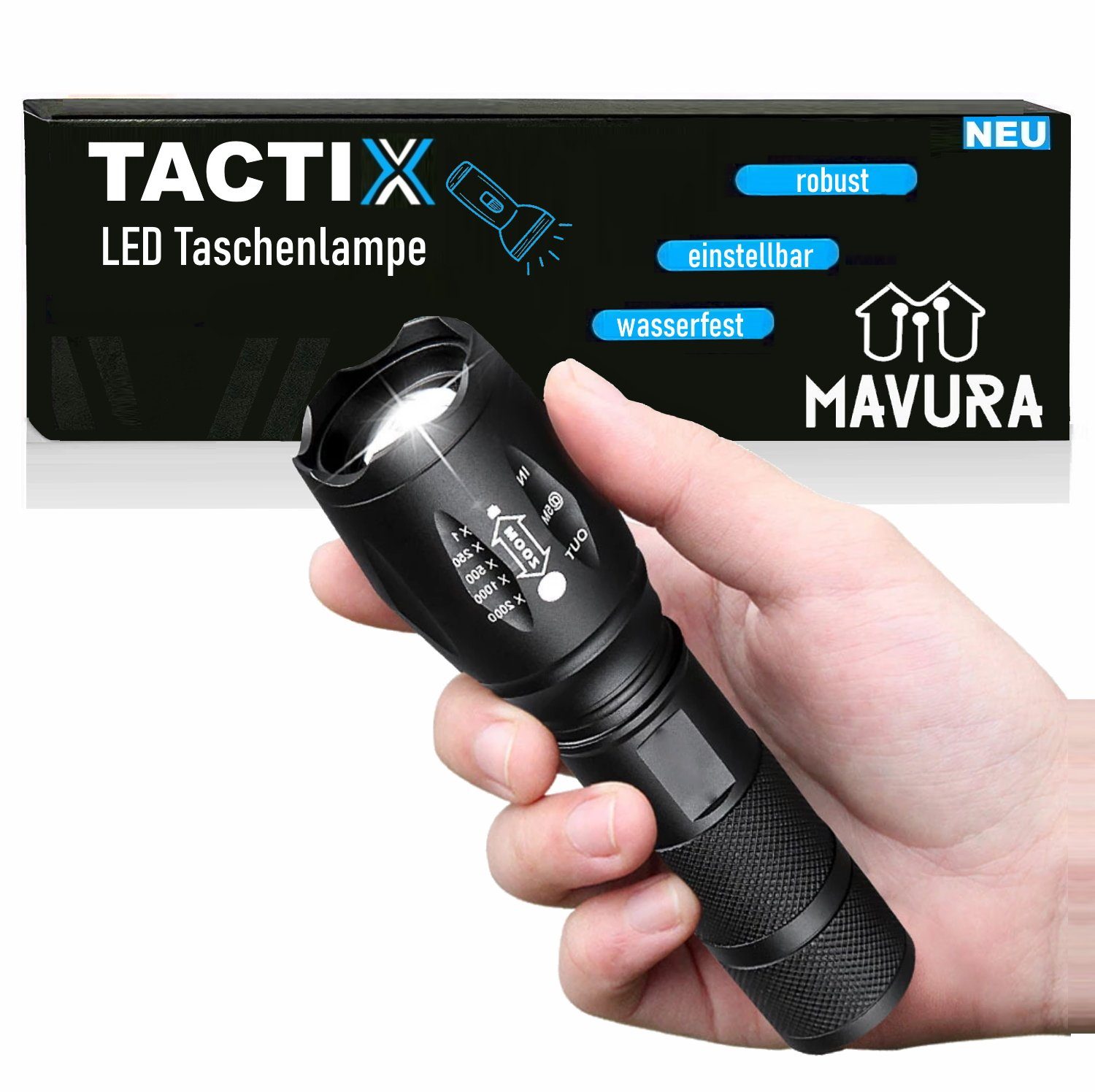 MAVURA LED Taschenlampe TACTIX LED taktische Taschenlampe schwarz  Zoomfunktion, Polizei Taschen Lampe Security 40x Heller Taschenlampen