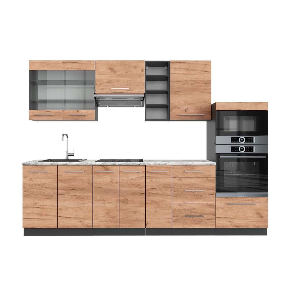Vicco Küchenzeile Fame-Line, Goldkraft Eiche/Anthrazit, 280 cm, AP Marmor