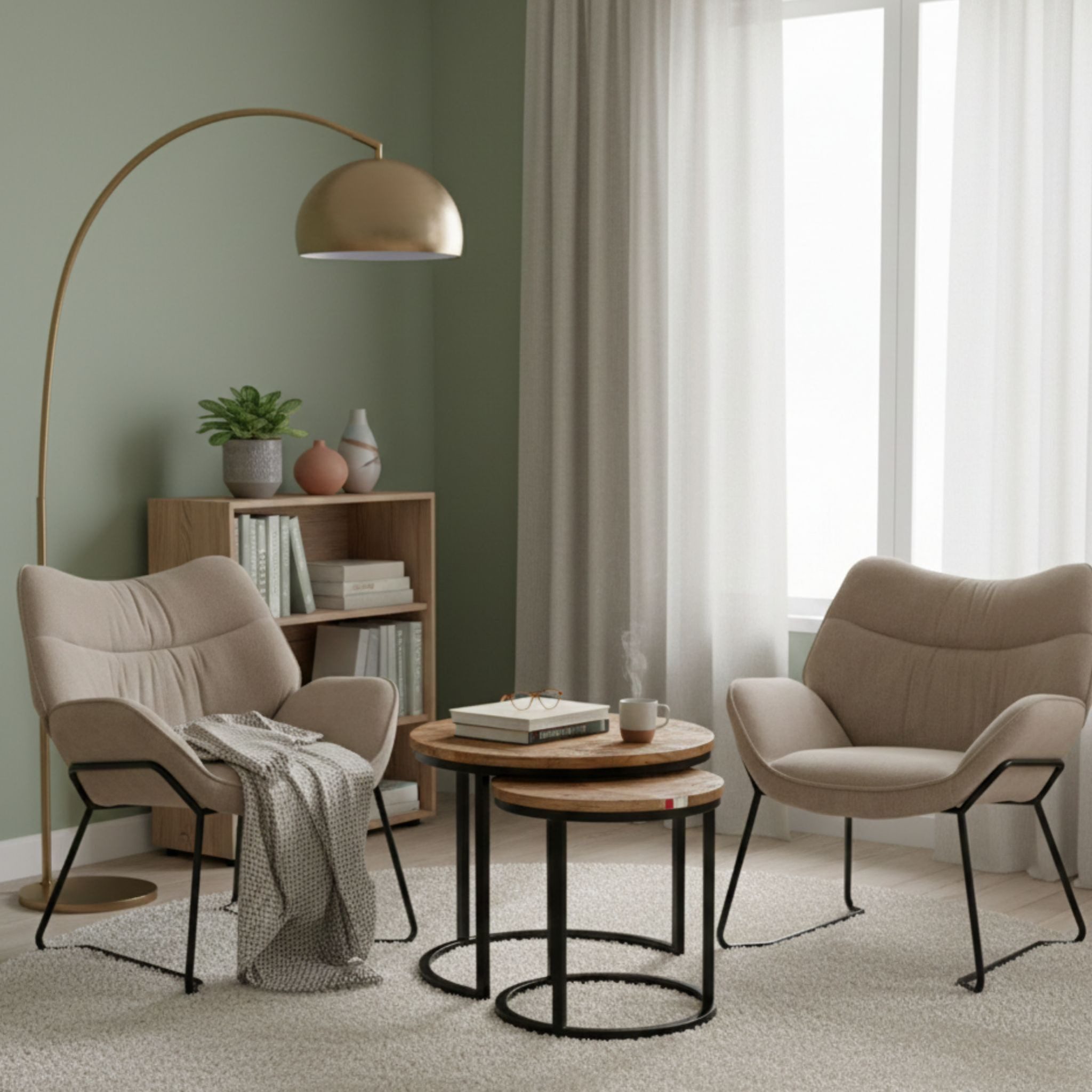 bene living Loungeset Couchtisch Fermo und 2er Set Sessel Aliano beige, (Indoor-Möbelset, 4-tlg), Arm- und Rückenlehne - feines Mangoholz - Metall-Gestell