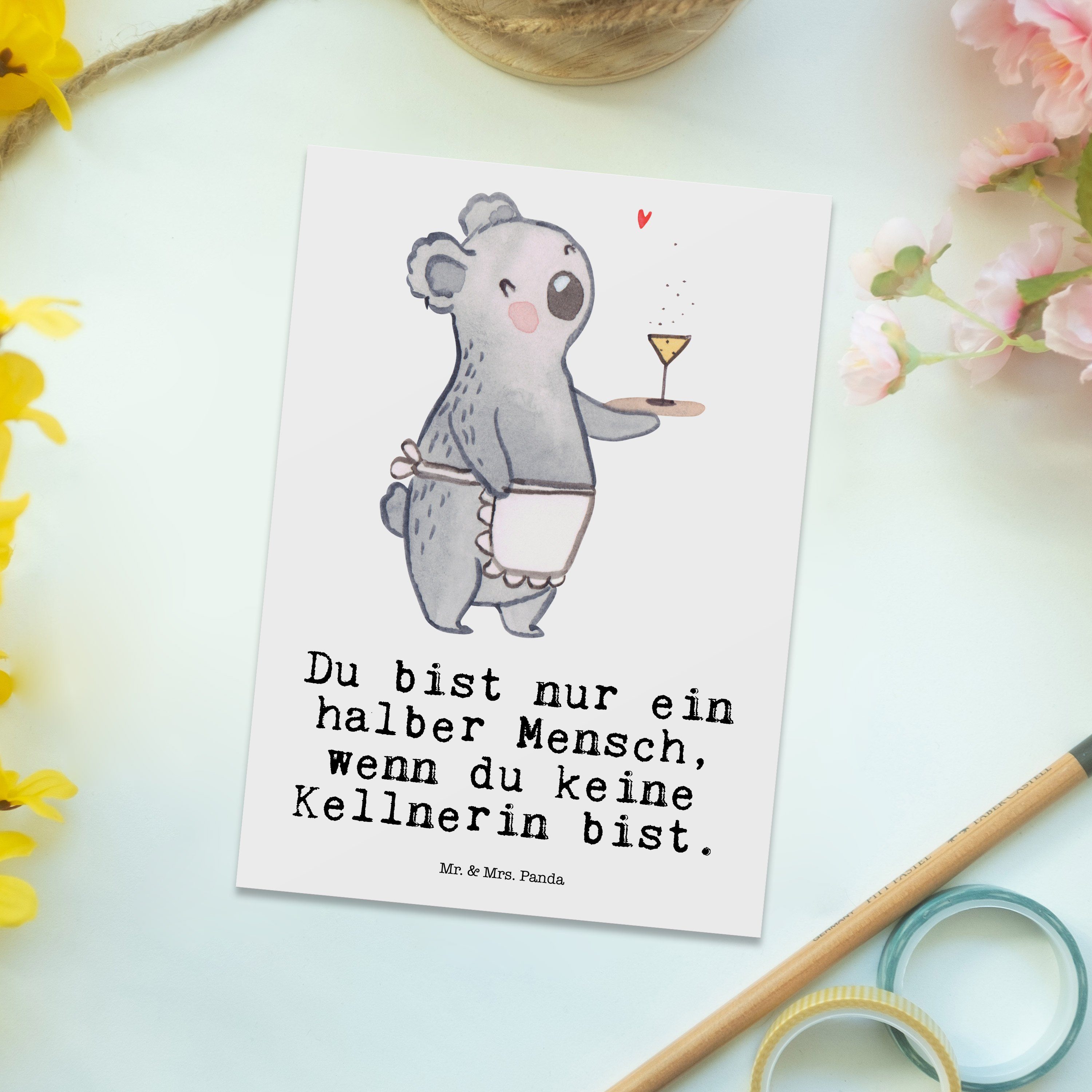 Mr. & Mrs. Panda - Postkarte Weiß Geschenk, Schenke - Kellnerin mit Einladungskarte, Herz Firma