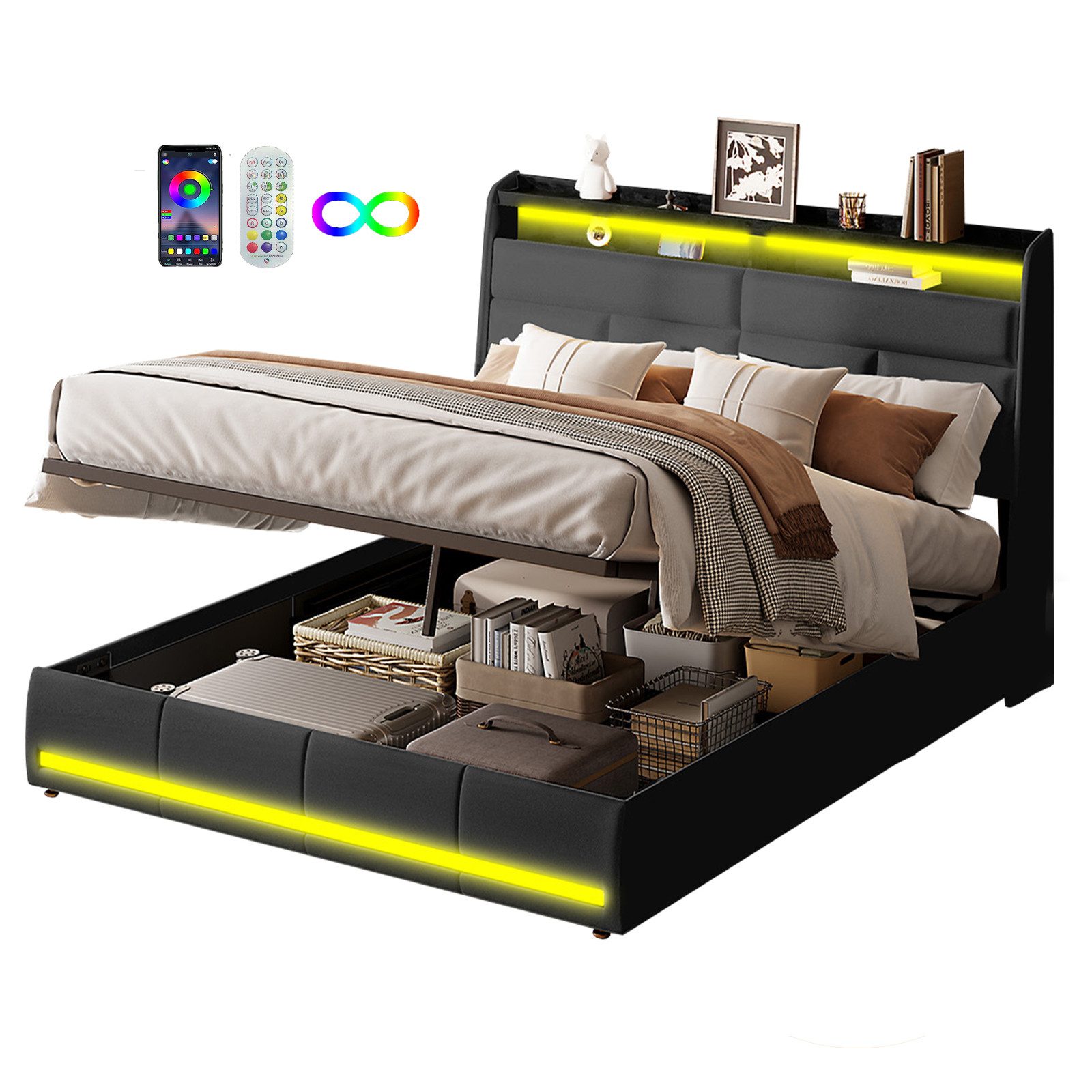 FUROKOY Polsterbett Stauraumbett(1-tlg),LED-Beleuchtung Hydraulisches Kunst günstig online kaufen