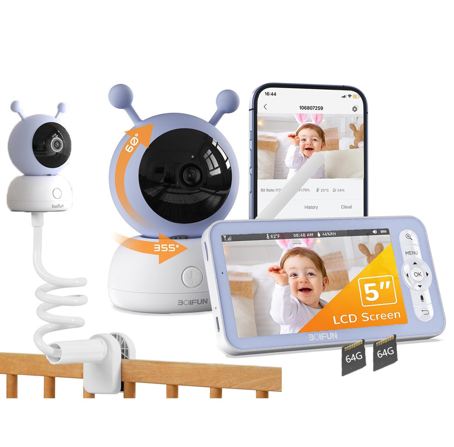 Video-Babyphone 1080P/5 Zoll Babyphone mit Kamera und APP WLAN Video Babyfon