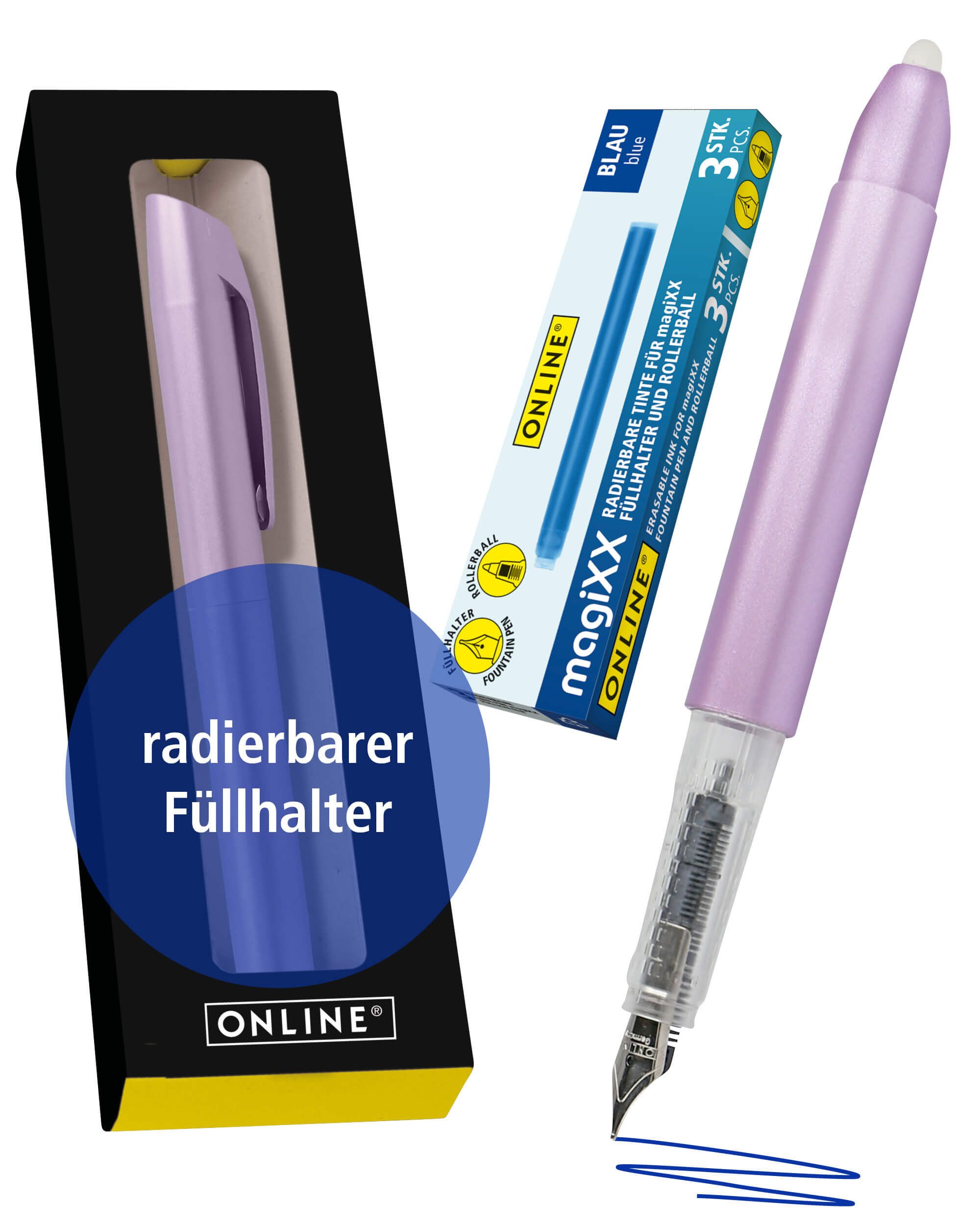 Online Pen Füller magiXX Radierbarer Füller, (2-tlg), mit radierbarer, blauer Tinte, inkl. 4 magiXX Patronen, Vorteilspack