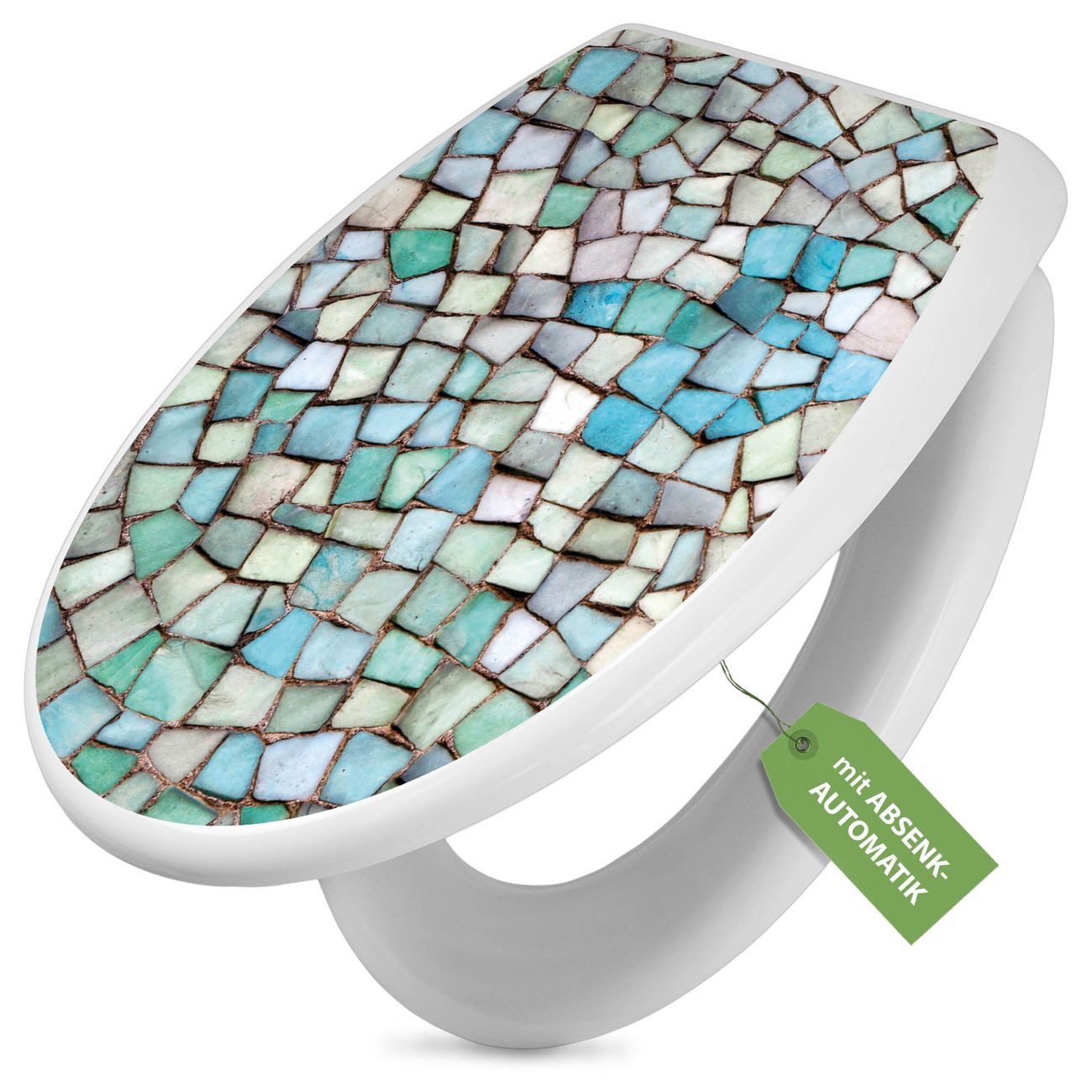 banjado WC-Sitz mit Absenkautomatik Motiv Mosaik Blau (umweltfreundliches Material, integrierte Scharniere), 44,5 x 37 x 5 cm