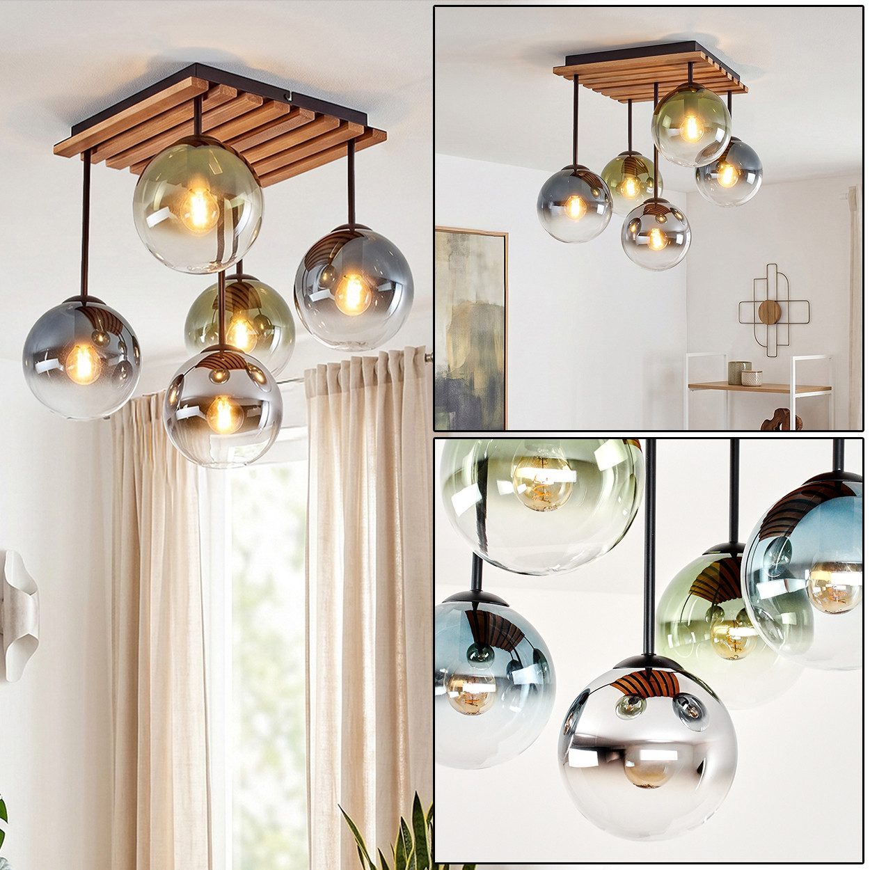 hofstein Deckenleuchte Deckenlampe aus Metall/Holz/Glas in Chrom-/Rauchfarben/Blau/Grün/Klar, moderne Deckenleuchte im Retro/Vintage/Boho-Design, 5 x E14