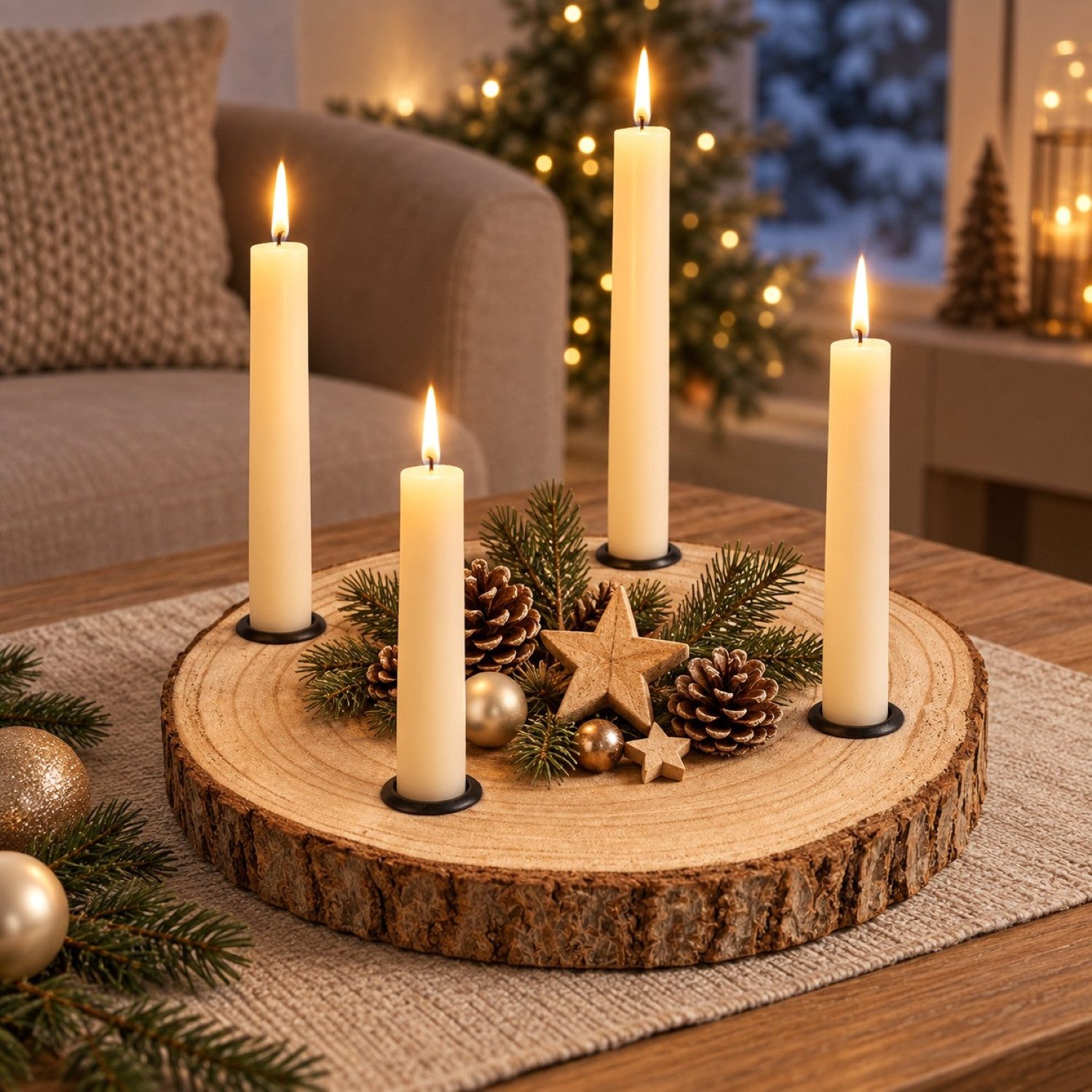 Online-Fuchs Adventskranz für Stabkerzen, Kerzenhalter aus einer Holz Baumscheibe Weihnachtsdeko, bietet Platz für eigene kreative Ideen
