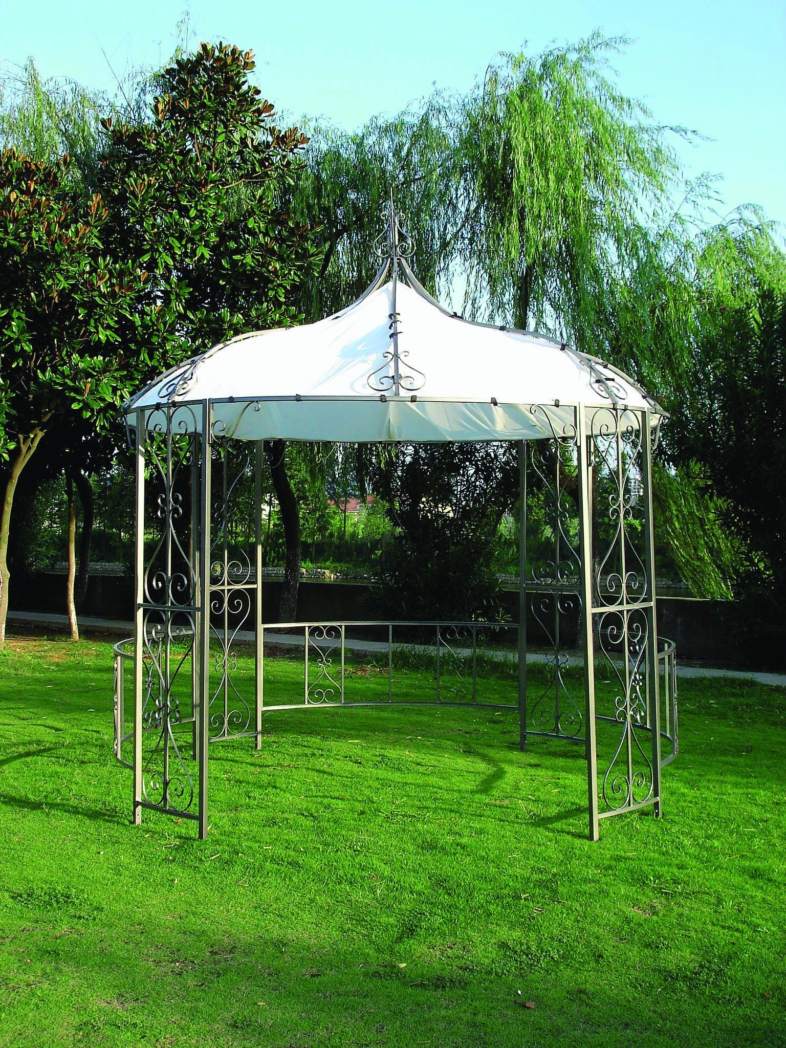 DEGAMO Pavillon BURMA, 300cm rund, Stahl grau, Plane PVC-beschichtet weiss wasserdicht