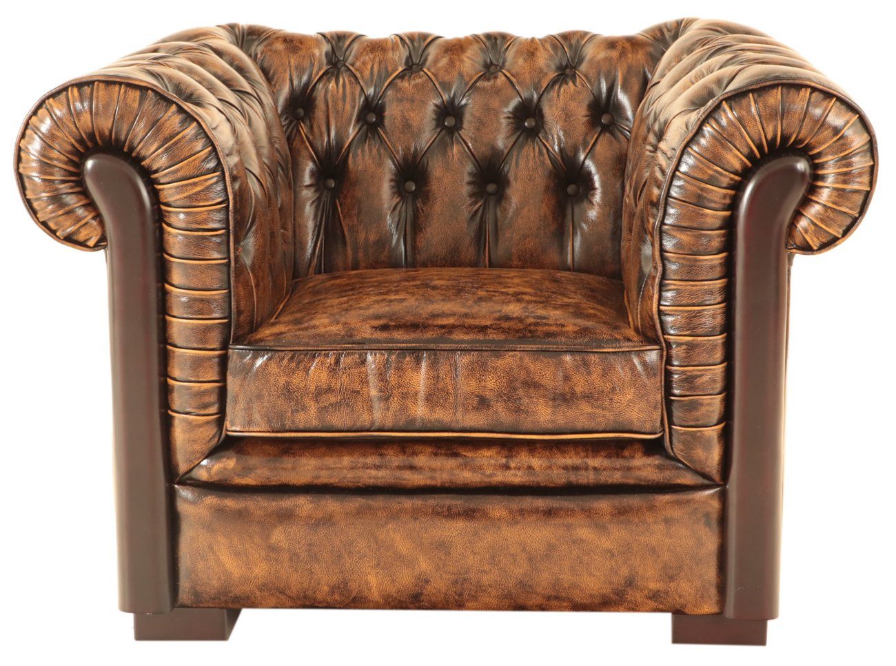Indischesmoebelhausde Chesterfield-Sofa Einsitzer-Sofa Chesterfield Tiffy aus echtem Rindsleder Whisky
