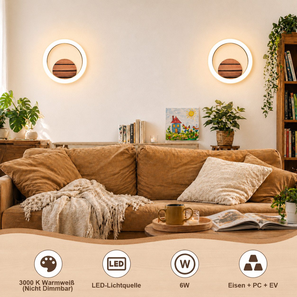 ZMH Wandleuchte 20CM Rund 6W LED Modern Design Klein Flur 3000K Warmweiß Küchenlampe, Augenschutz, LED fest integriert, Warmweiß, Beidseitig montierbar, Holzoptik-Design